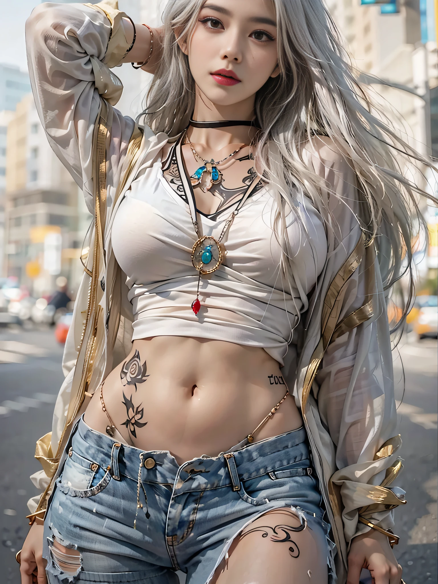 Photorealistic, high resolution, 1womanl, Solo, Hips up, view the viewer, (Detailed face), White hair, Long hair, Street attire, jewelry, Belly tattoo