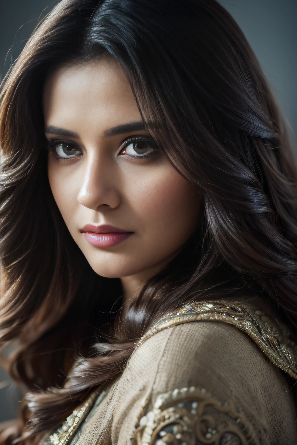 Portrait of A confident-looking indian woman with long flowing hair, hazel eyes, with flowing capes, perfect composition, hyperrealistic, super detailed, 8k, high quality, trending art, trending on artstation, sharp focus, studio photo, intricate details, highly detailed, art by greg rutkowski