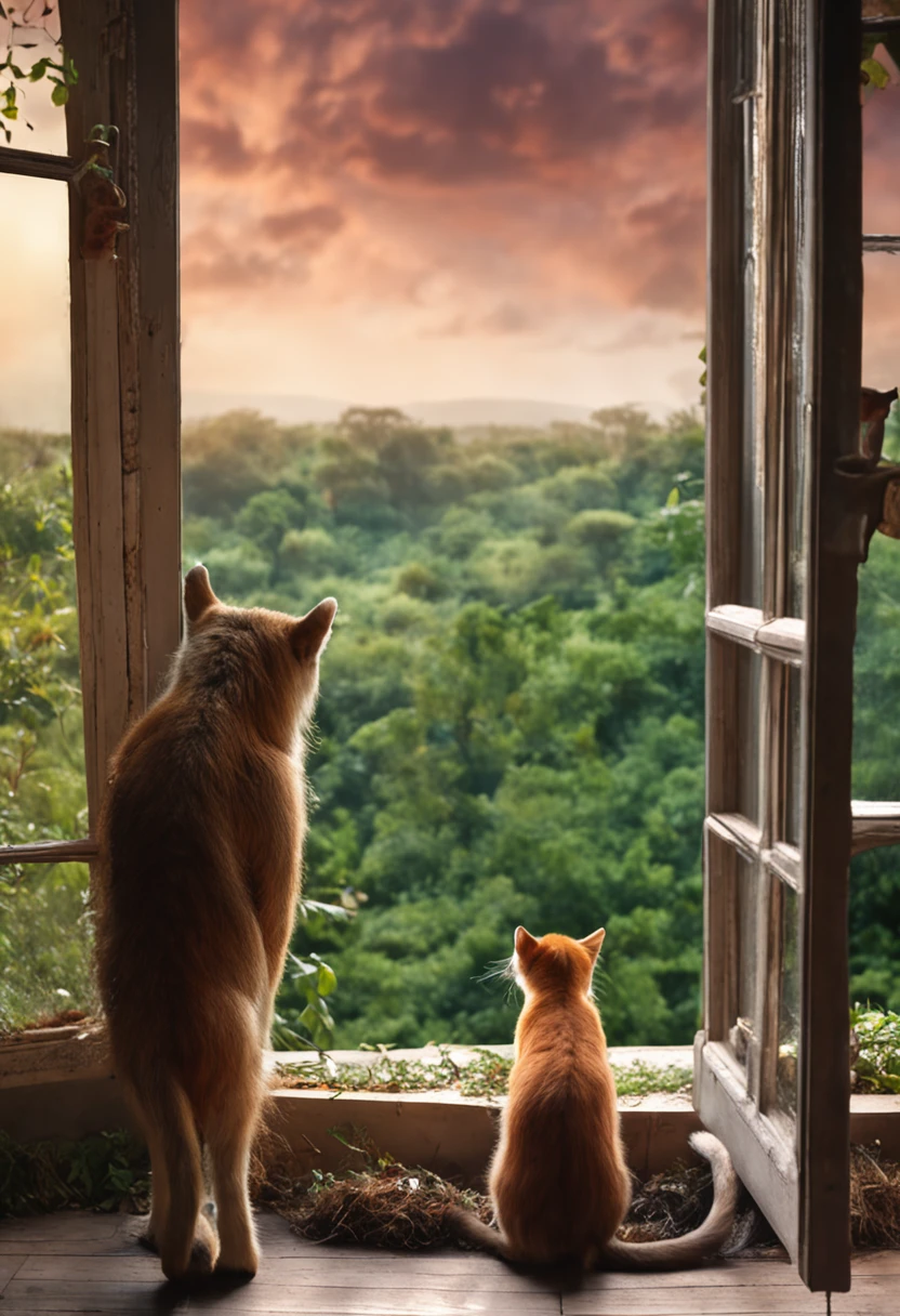 Masterpiece, modern man, looking out a window observing nature, best quality, highlight wild animals, animal fauna, primates, felines, canids, herbivores, dim light.