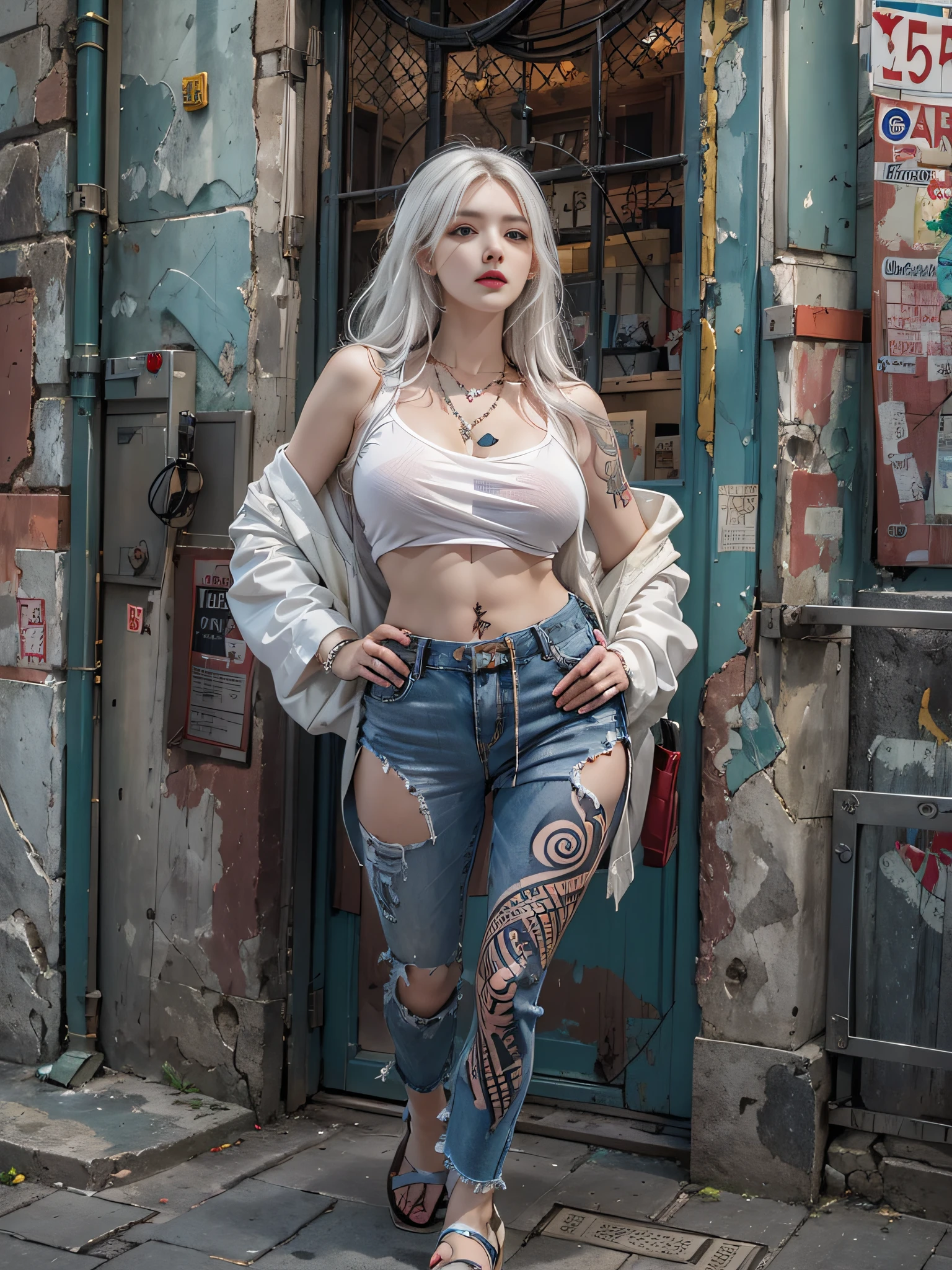 Photorealistic, high resolution, 1womanl, Solo, Hips up, view the viewer, (Detailed face), White hair, Long hair, Street attire, jewelry, Belly tattoo