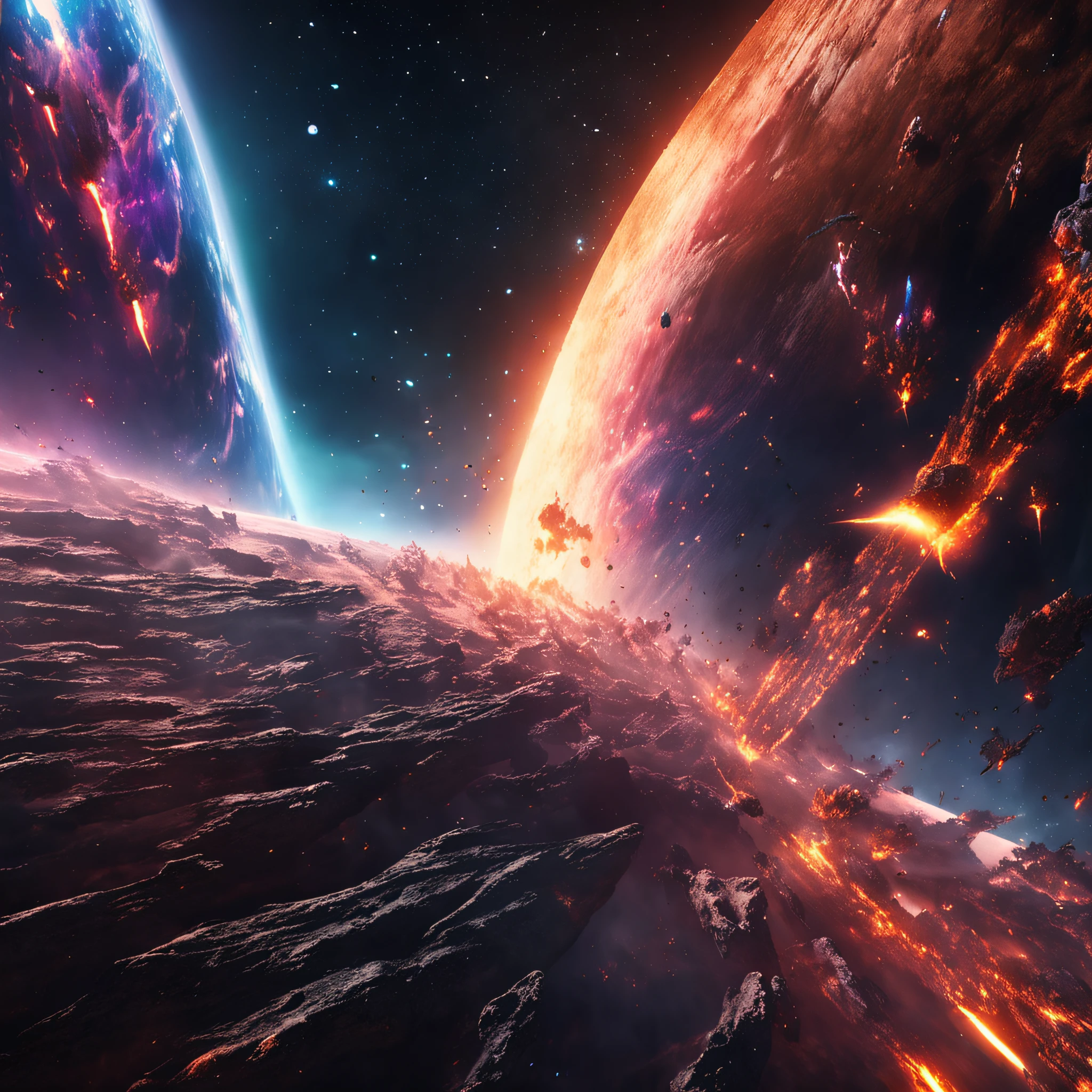 ((Best quality)), ((Masterpiece)), (dramatic scene), The Earth and the Sun collapse into black holes like the Sun, (Post lighting:1.3), As soon as the sun came out, it darkened, (Epic composition:1.2), (Earth bathed in light of random colors:1.3), (CG animation:1.1), Flames and debris are inhaled, (Emergency atmosphere:1.2), The spacecraft was evacuated urgently,Open the space wormhole,People fleeing, (movie atmosphere:1.3), Nebulae and galaxies in the background, (High contrast:1.1), (8K resolution:1.0),