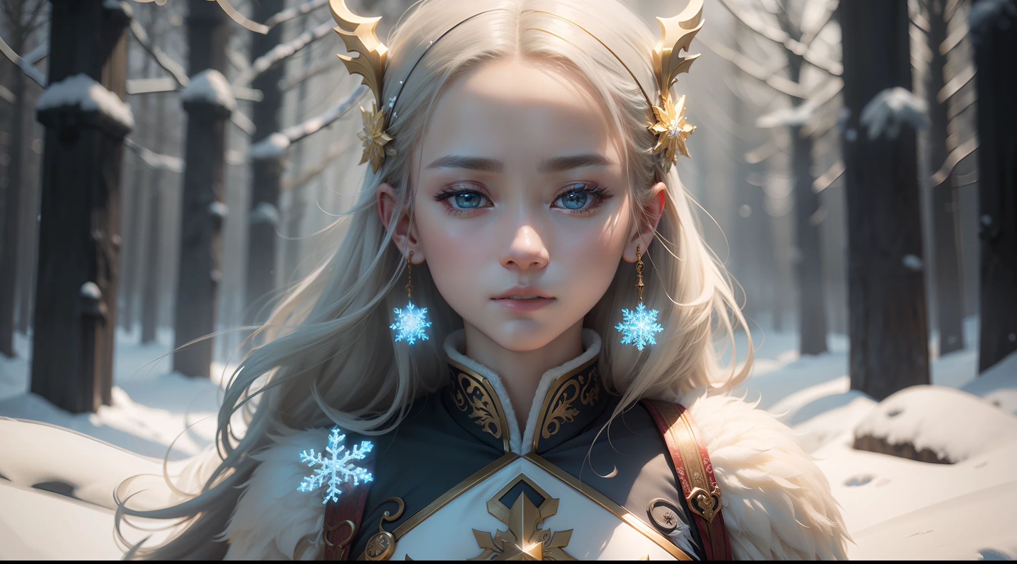 Snowflake、golden colored、white colors、Blue、Yu-hsien、solemnity、Fantastical、Fantastic、Ethereal、Photorealism Based Details Widget 1.3, Ultra-detailed depiction、Cinematic shots with HDR effect、Vignette and center screen、Generate in automatic mode