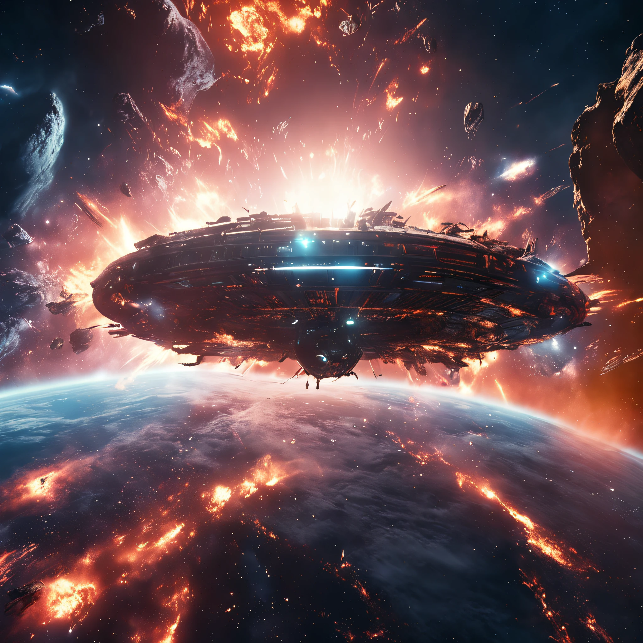 A huge spaceship，Rectangular spaceship，(A spaceship similar to an aircraft carrier:1.5)，Detailed hull details，Full of art，Cosmic galaxy background，Doomsday scenario，Crumbling earth，a volcano erupts，energy blast，Escaped spaceship，((Best quality)), ((Masterpiece)), (dramatic scene), (Epic composition:1.2), (CG animation:1.1)
