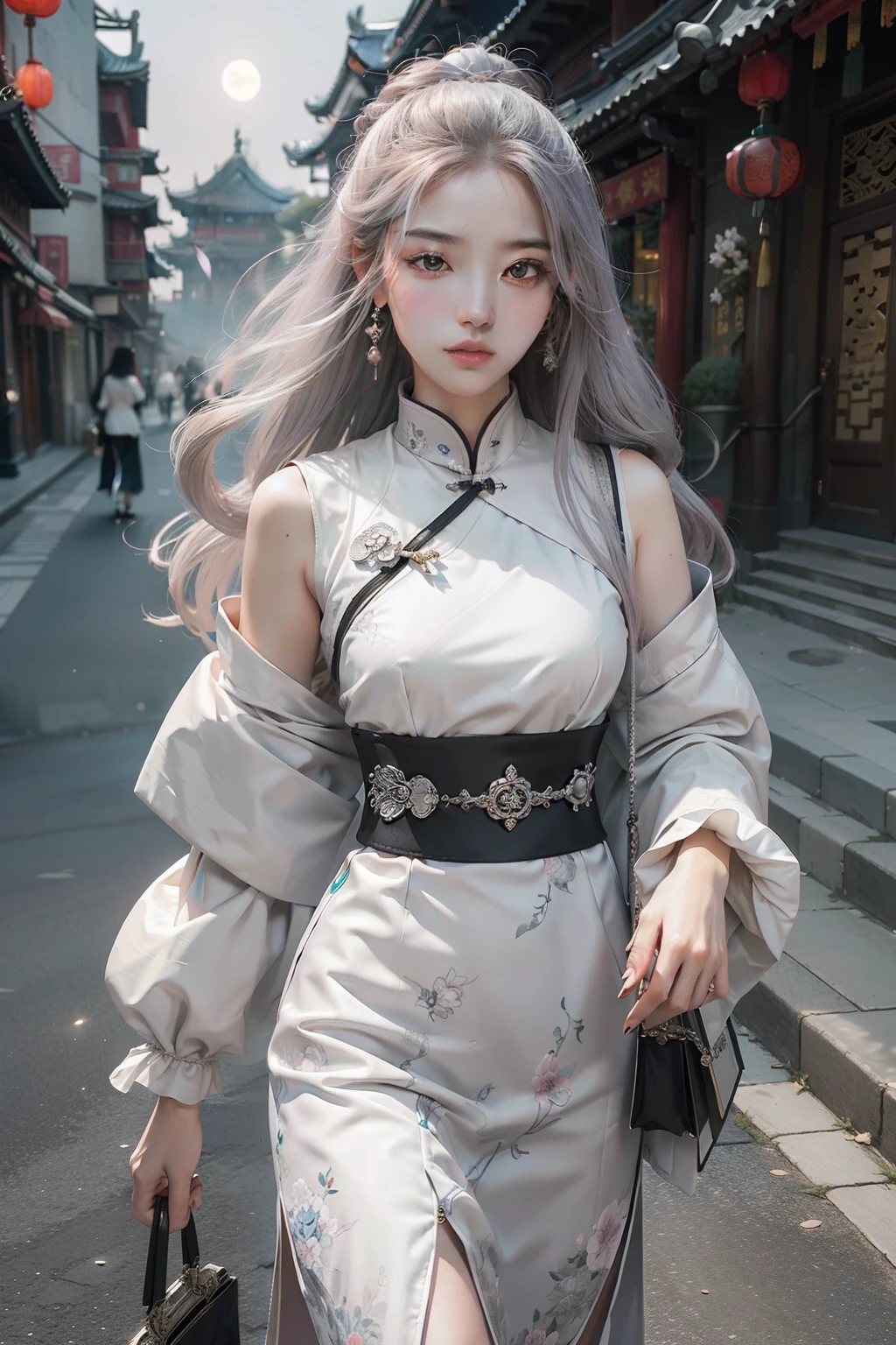 Masterpiece, Best quality, Night, full moon, 1 girl, Mature woman, Chinese style, Ancient China, sister, Royal Sister, Cold expression, Expressionless face, Silver white long haired woman, Light pink lips, calm, Intellectual, tribelt, Gray pupils, assassins, short knife, flower ball background, Stroll through the street view