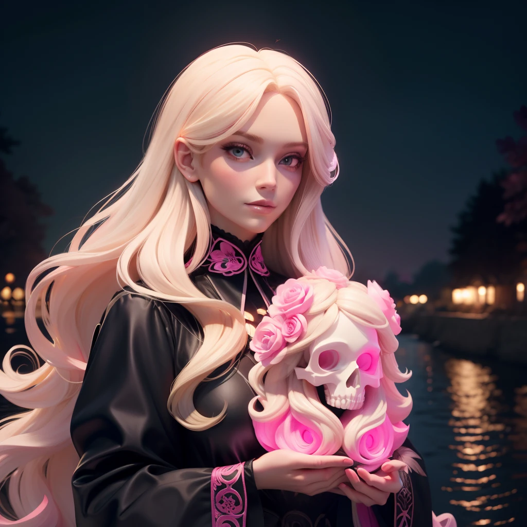 A blonde hair lady, a white lady, holding a flowery skull, with long pink hair, on the river banks, pretty face, black and pink theme, night vision