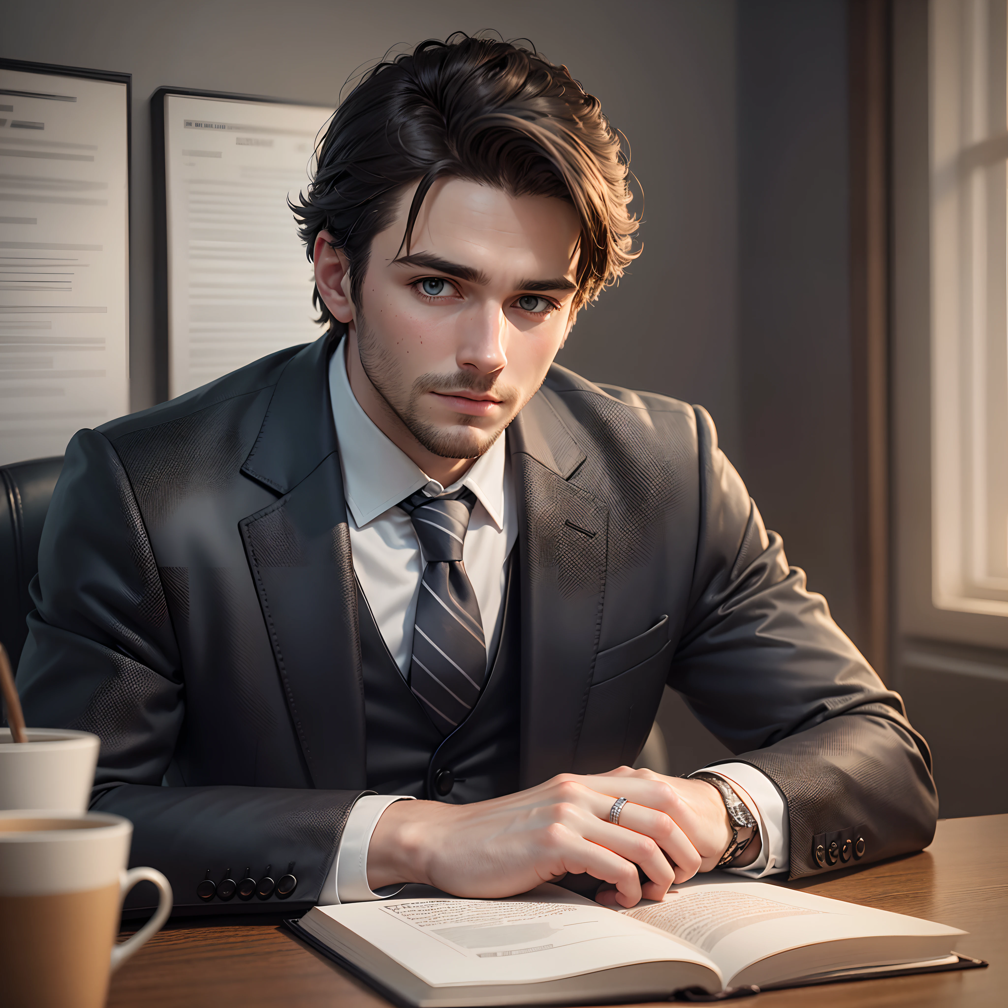 Portrait of a 30 year old man in suit and tie sitting on a black leather chair, Office, body and head straight in the photo and facing the viewer of the photo, Office, eyes staring at the lens, appear shoulders and head in the photo, man centered in the photo, background blurred, both hands on the table, open book on the table, 8k, best quality, masterpiece, realistic, realistic photo, movie photo, ultra realistic, 1 person, detailed, perfect lighting, DSRL, professional photo, 4k.