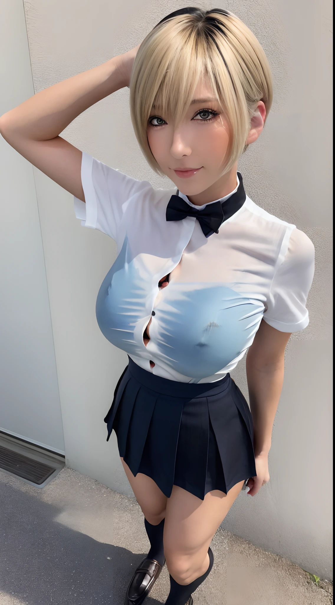 (8K, 超A high resolution, Best Quality, masutepiece:1.2),(18year old:1.2)、(Look away)、8K、RAW portrait of japanese girl、Photorealsitic、超A high resolution、top-quality、 (huge-breasted、Close all buttons on the shirt:1.4)(student clothes、Pure White Cutter Shirt、Blue Check Pleated Mini Skirt:1.4)、(in a street:1.2) BREAK (Natural Skin Texture、Detailed skin、Hyper-Realism、ultra sharpness)、intricate detailes、depth of fields(Put a white shirt inside the skirt:1.3)、Show the armpits、Plaid pleated skirt(Blonde short-haired、Shiny legs、Black loafers、Black stockings:1.3)