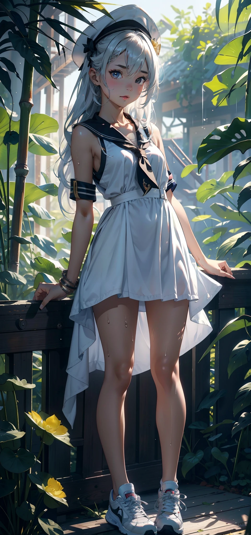 1female,3 ,bit girl,Small loli,smallunderboob,Pornographic exposure, 独奏,(Background with:bamboo forrest,lotuses,lotus flower,exteriors,Lotus pond) She has short silver-white hair,standing on your feet,Sweat profusely,drenched all over the body,seen from the front, hair straight, mostly cloudy sky,(((tmasterpiece),(Very detailed CG unity 8K wallpaper),best qualtiy,cinmatic lighting,detailed back ground,beatiful detailed eyes,Bright pupils,Black eyes,(Very fine and beautiful),(Beautiful and detailed eye description),ultra - detailed,tmasterpiece,)),facing at camera,A high resolution,ultra - detailed),revealing breasts,Bare genitalia, Bulge,legs are open,Raised sexy,Camel toes,Flushed complexion,Open-mouthed,frontage,high school senior,Sailor's cap(Wearing a loli dress,Sailor uniform,Slave girl collar,Sexy denim shorts,athletic sneakers)Full body photo,Show shoes