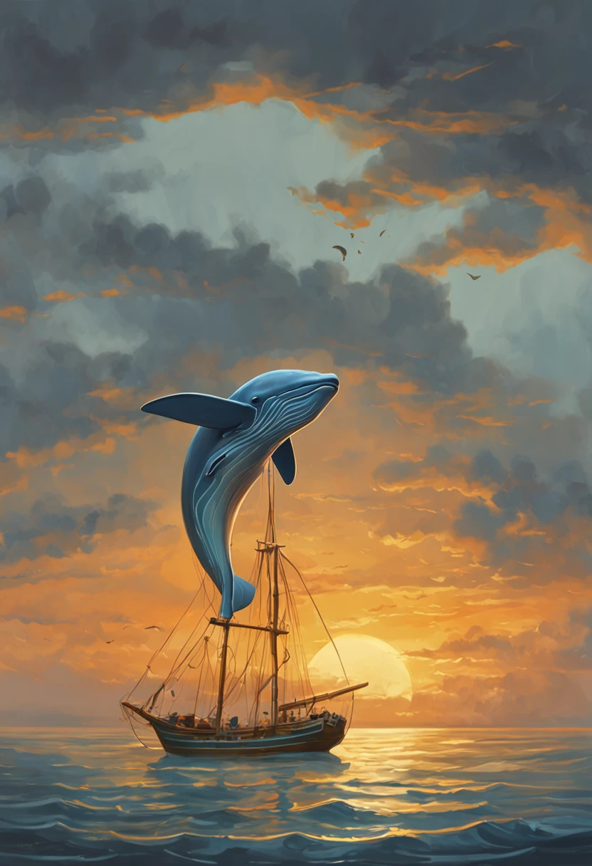 masterpiece:1.5, oil painting;1.5, huge blue whale jump, one small fishing boat, ocean, sunset, reflections in water, sails, blue, yellow, orange, gold frame, gold and grey sky with cloud.