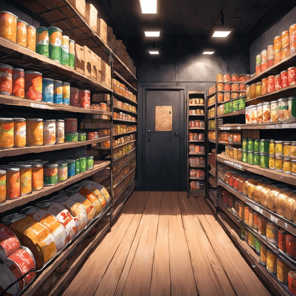 Canned food in the foreground is placed on a wooden rack, Inside the Black Wall store, Square poster with blank space