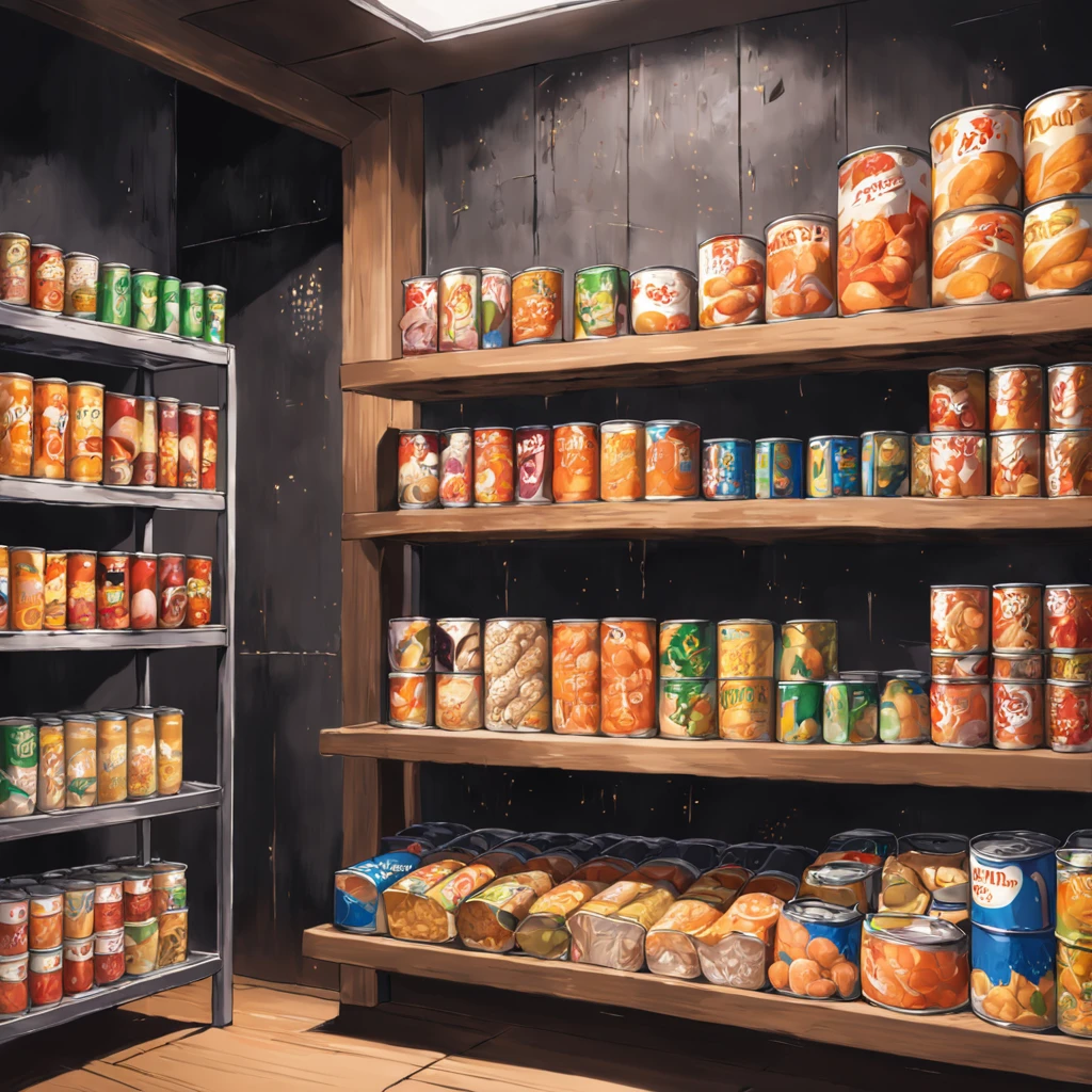 Canned food in the foreground is placed on a wooden rack, Inside the Black Wall store, Square poster with blank space