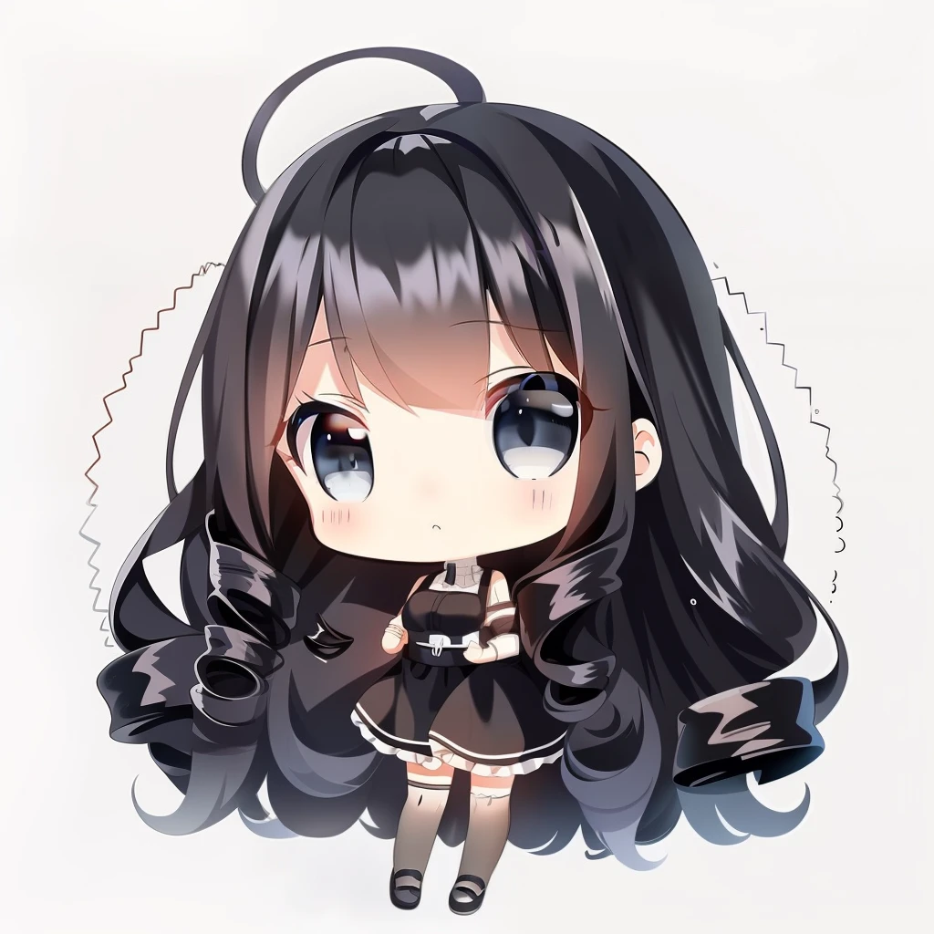 Masterpiece, Detailed, Soft lighting, Girl with long curly black hair, (Wool curls)(The expression is cold)Gray-blue eyes Chibi, White background, Simple background