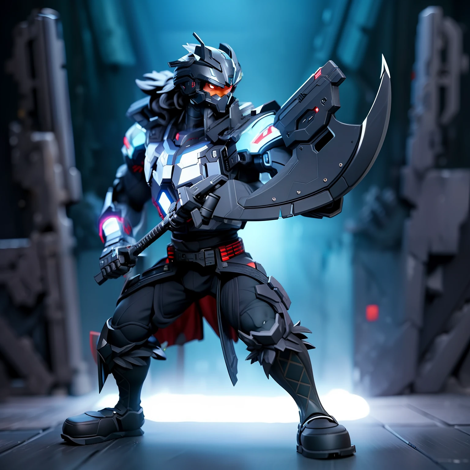 30-years old、Standing alone、(cyberpunked)、((Large male soldiers))、The ultra -The high-definition、Face strong enemies、(Veteran Hero)、Counter Attack、full body Esbian、Ready for Battle、((Have a big ax))