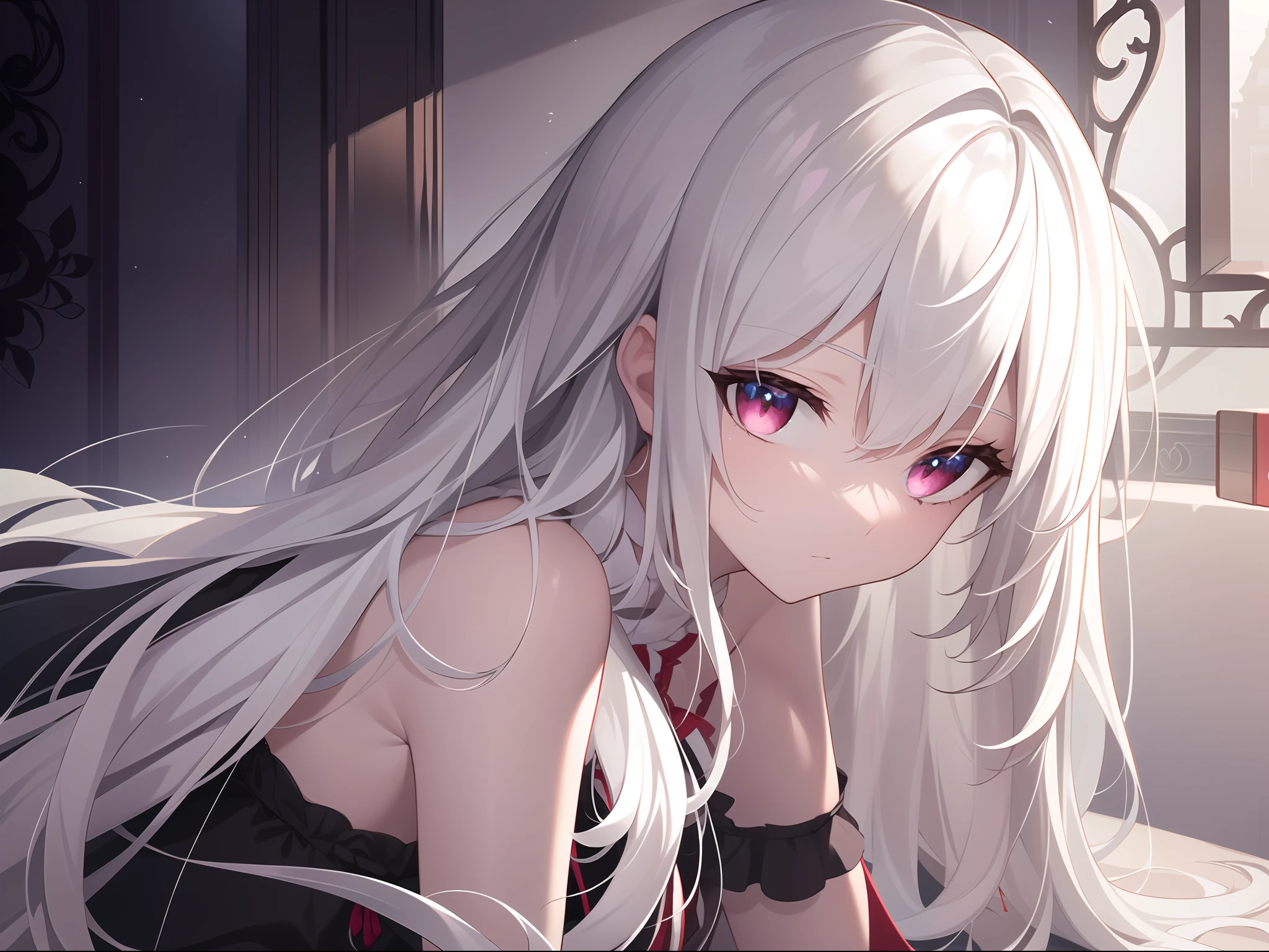 ((Masterpiece, Best quality))++, Detailed light+,  Detail hair+, detail hand+ ,1girll, woman, Long hair,   Crimson eyes,  Beautiful eyes, Young gray hair,,(Beautiful white hair:1.5),(Beautiful detailed eyes),    high resolution+,   blacksilk  ， a black skirt, Glass tones, Reflective eyes,   {{Angle}} , extremelydetailedwallpaper, Original, ,