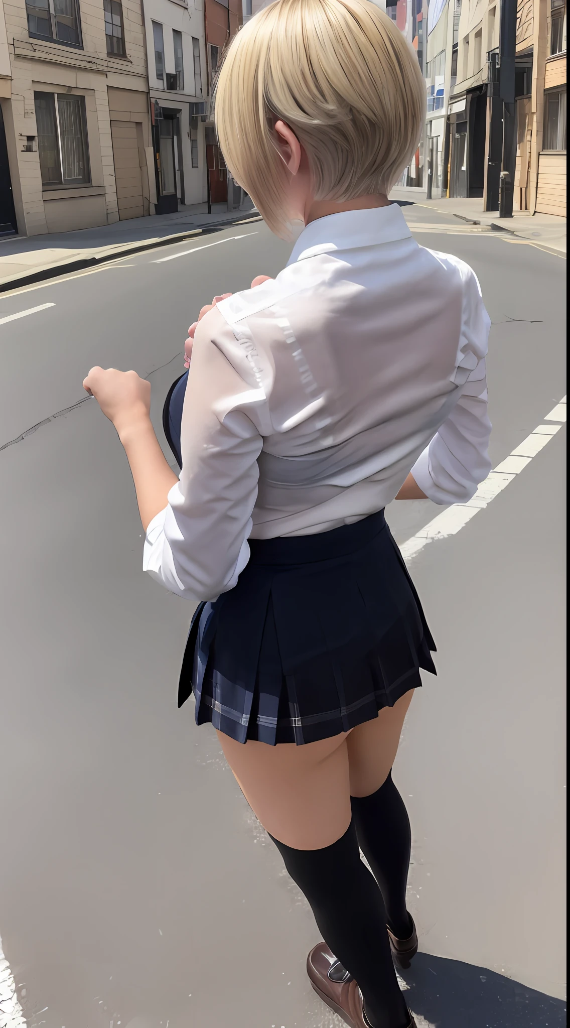 (8K, 超A high resolution, Best Quality, masutepiece:1.2),(18year old:1.2)、(Look away)、8K、RAW portrait of japanese girl、Photorealsitic、超A high resolution、top-quality、 (huge-breasted、Close all buttons on the shirt:1.4)(student clothes、Pure White Cutter Shirt、Blue Check Pleated Mini Skirt:1.4)、(in a street、low angles、From below:1.2) BREAK (Natural Skin Texture、Detailed skin、Hyper-Realism、ultra sharpness)、intricate detailes、depth of fields(Put a white shirt inside the skirt:1.3)、Show the armpits、Plaid pleated skirt(Blonde short-haired、Shiny legs、Black loafers、Black stockings:1.3)