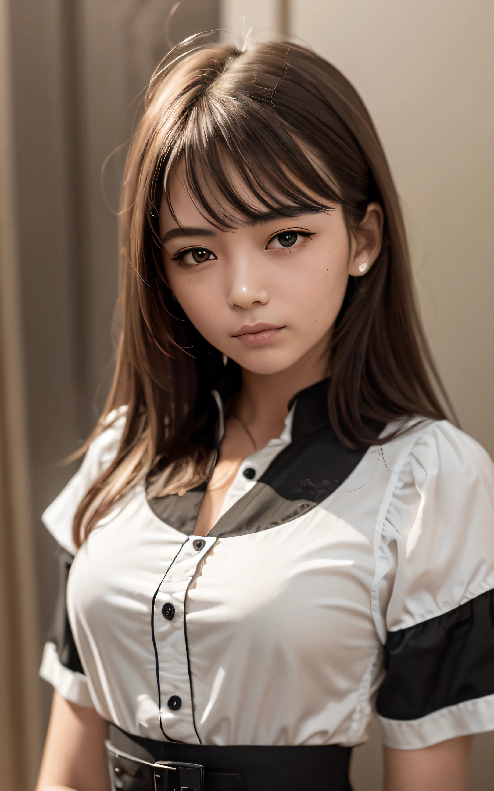 (top-quality, masterpiece:1.2), 18 year old beautiful girl, Very cute, Blouse, F 1.8, Soft light, Raw Photos Real, The skin texture is very detailed, without makeup, mournful, mournful, Medium Hair, Bangs, Smile, depth of fields, hight resolution, Ultra-detailed, finely detail, Extremely detailed, extremely detailed eye and face, Sharp pupils, Full body