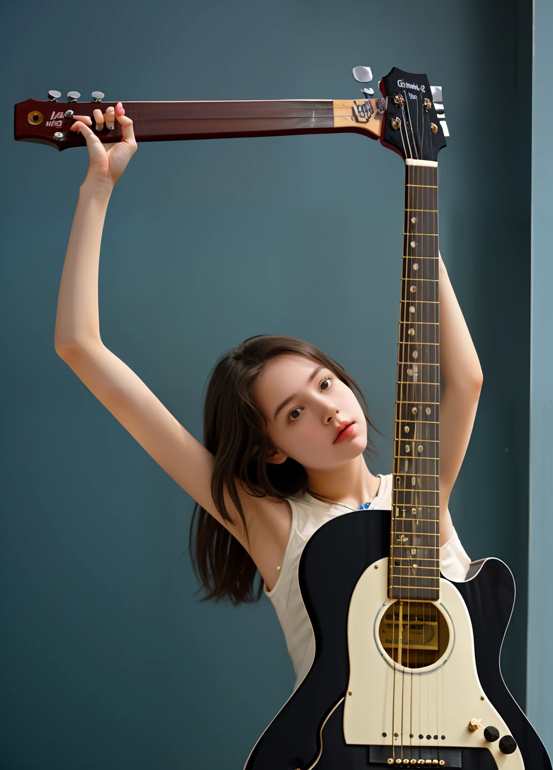 A girl hanging a guitar