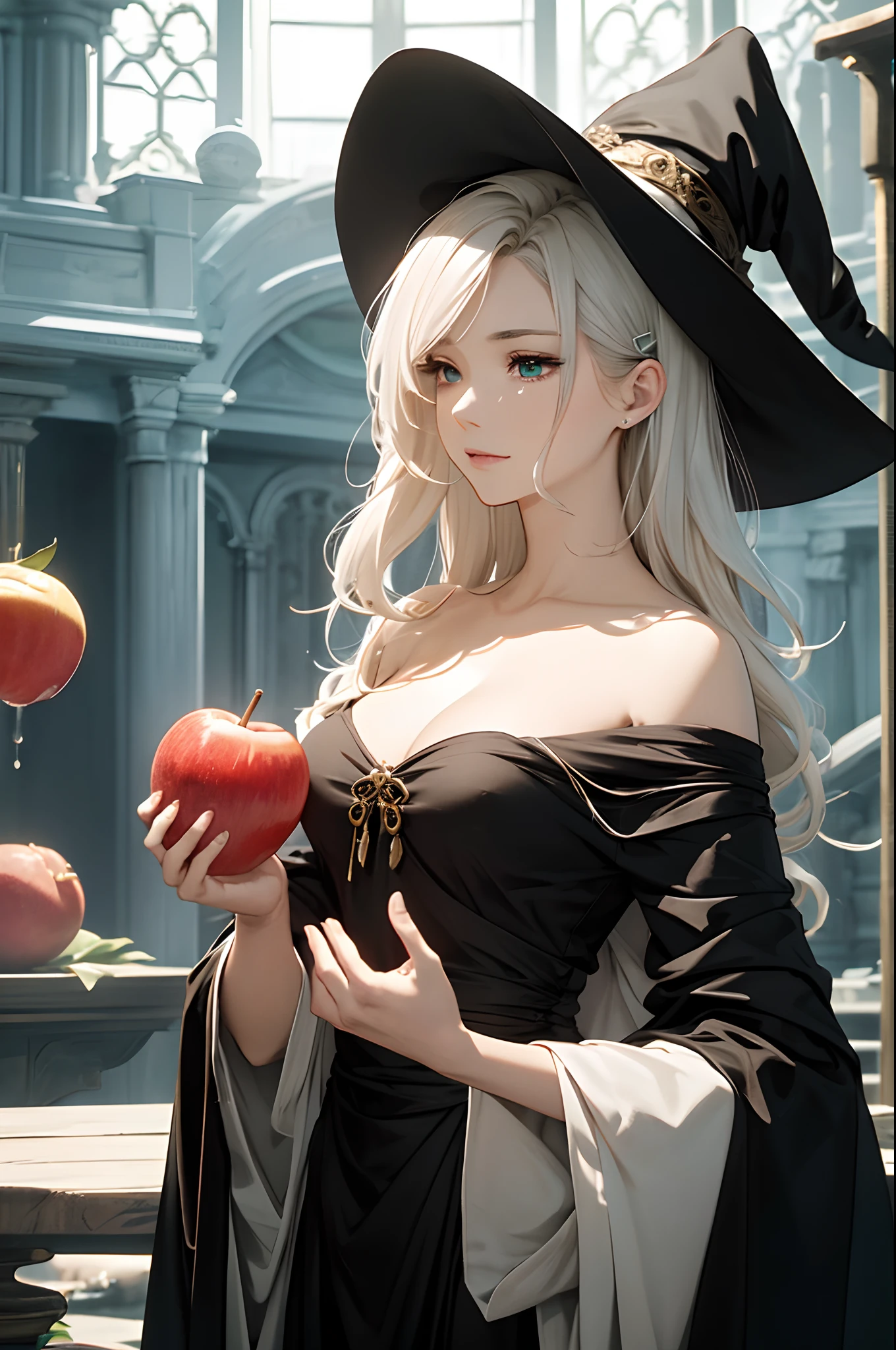 ( 8K, awardwinning, Best Quality), High Definition, Super Detail, high detailing, Anatomically correct, Perfect illustration, (masutepiece: 1.3), Witch of the Poisoned Apple, Green liquid boils in a black robe in a large saucepan, The triangle has, long snout, White face, wrinkles, Plot something、Detailed hand、detailed finger、old women