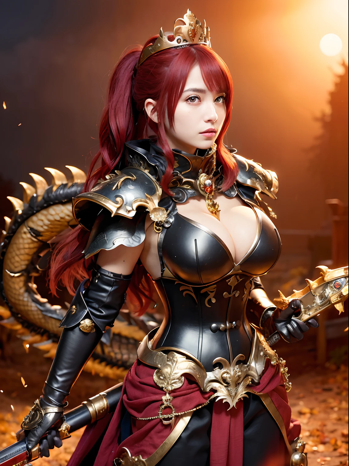 (masutepiece), Professional , ​masterpiece、top-quality、photos realistic , depth of fields 、（Dragon Black Metal Body:1.９),(Matte Black、（cleavage of the breast）、Dragon Gold Weapon（Dragon Metal Body:1.４),Gorgeous gold weapons ,（（ Dragon's dense and gorgeous sword）） , （demonic wings）   ,warhammer 40k , adepta sororitas,Detail and gorgeous crown、（（Red hair））、（Castle background）、（（Gangle's forest background））、Beautiful Caucasian beauty、１a person、dynamic ungle,(((Detailed and ornate Black Dragon Crown)))、Smaller head、A smile、Castle background、Thin and beautiful female hands、cleavage of the breast、Soldier in iron armor on background、Mystical expression、Light Effects、intense fighting、Wind-effect、magic circles、With the legendary magic wand、Dragon's tail、