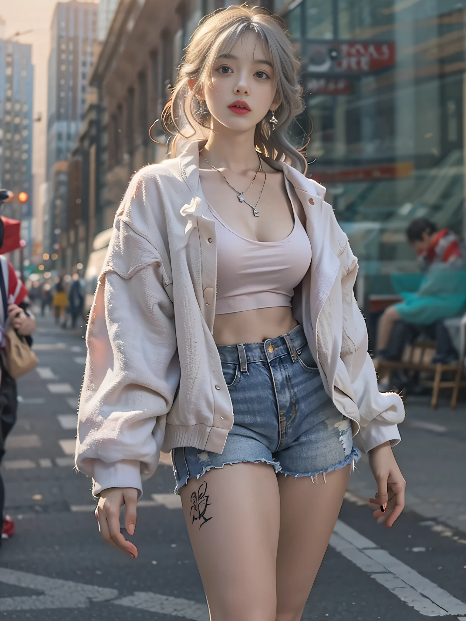 Urban beautiful girl college student, masterpiece, light makeup, red lips, silver hair, messy long hair, street background, beautiful, elegant. Ultra-fine details, master works, real texture, cinematic lighting realism, perfect work, 8k, HD, exquisite facial features, white tight open-cut top, transparent white tight shorts, slim figure, bright big eyes, smooth skin, earrings, necklace, tattoos