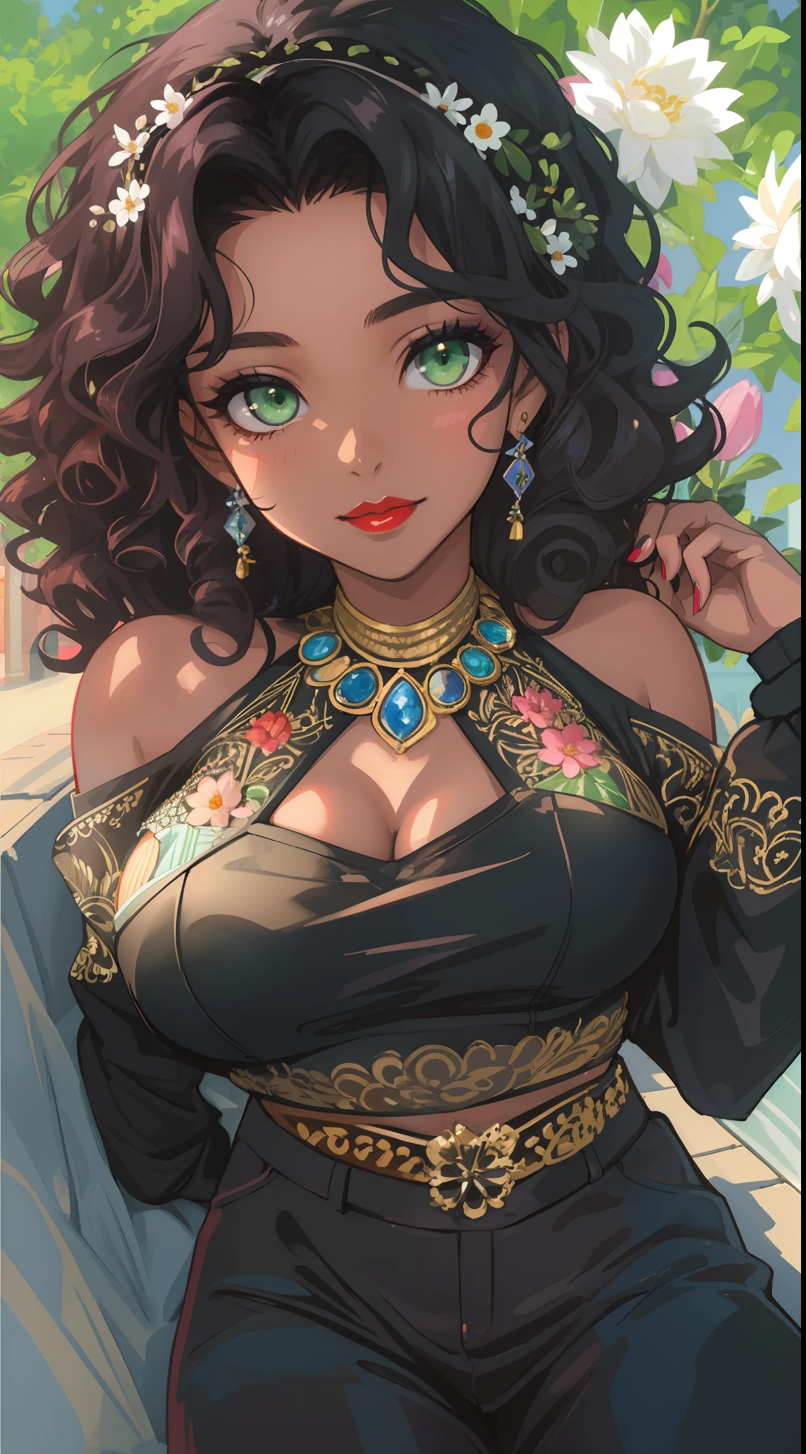 ((Masterpiece, hiquality, absurdress) 1Woman, black hair, curly hair, Afro-curly hair, Green eyes, a perfect face, the perfect body, big breastes, short stature, very dark skin, Hindu woman, 独奏, ((Best Quality)), ((Masterpiece)), (Detailed:1.4), Detailed eyes and face, Designer pajamas, Designer underwear, designer bra, Designer panties, Languid look, Evening, big bed, Primordial world