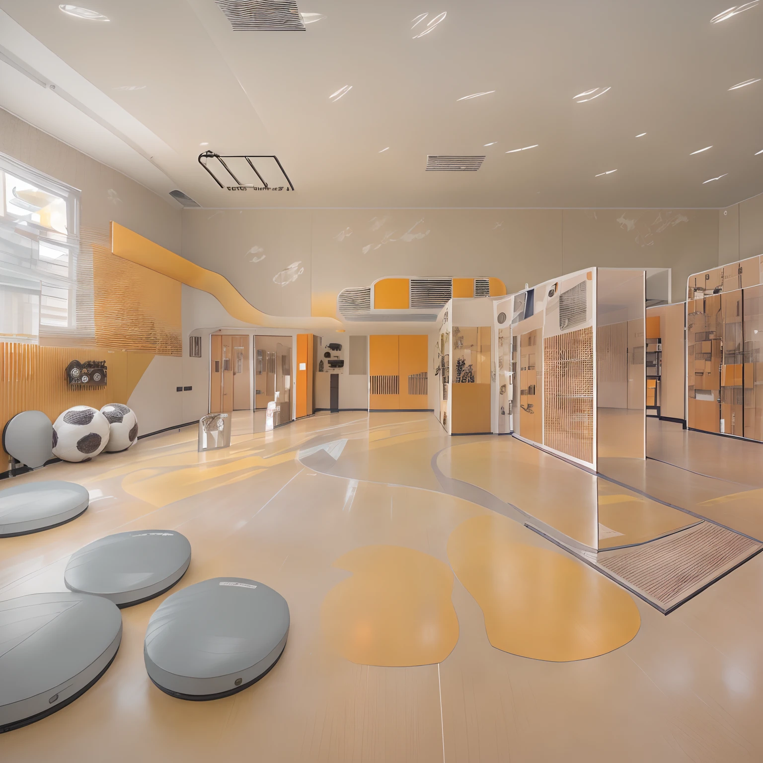Design children's body intelligence gymnasium,Common areas and 3 grounds are required:basketball playground, Respectively、Football field、Integrated website。Site design style: The orange and white walls match the design style,The cabinets where the sundries are stored are mainly the color of the logs,The physical education classroom is designed in yellow or orange as the main color,Green combined。A minimalist style that matches the yellow and gray on the ground