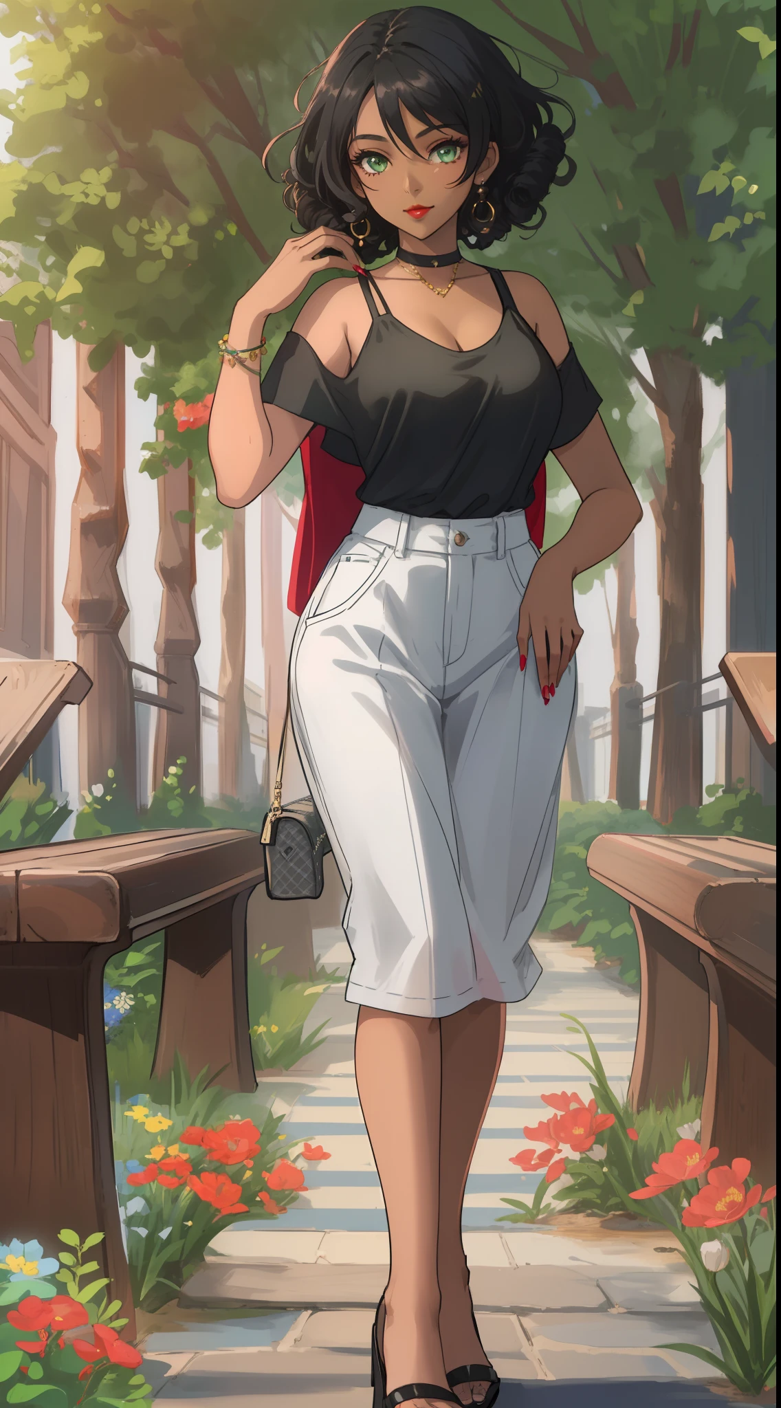((((A young woman))), the anime, ( Green eyes), (black hair), Nice face, ssmile, the perfect body, , (((morena))), big breastes, ((tmasterpiece, beste-Qualit)), illustartion, Ультра деталпазированная 8k, Photorealistic, sharp-focus, higly detailed, Professional lighting, Bright make-up, red-lips, Toenails and fingernails are varnished, (dark skin:1,2), short stature, dark skin, Indian woman, African curly hair, Afro-curls, urban style, casual wear, casual shoes, city park, the trees, Flowers, bench, pond