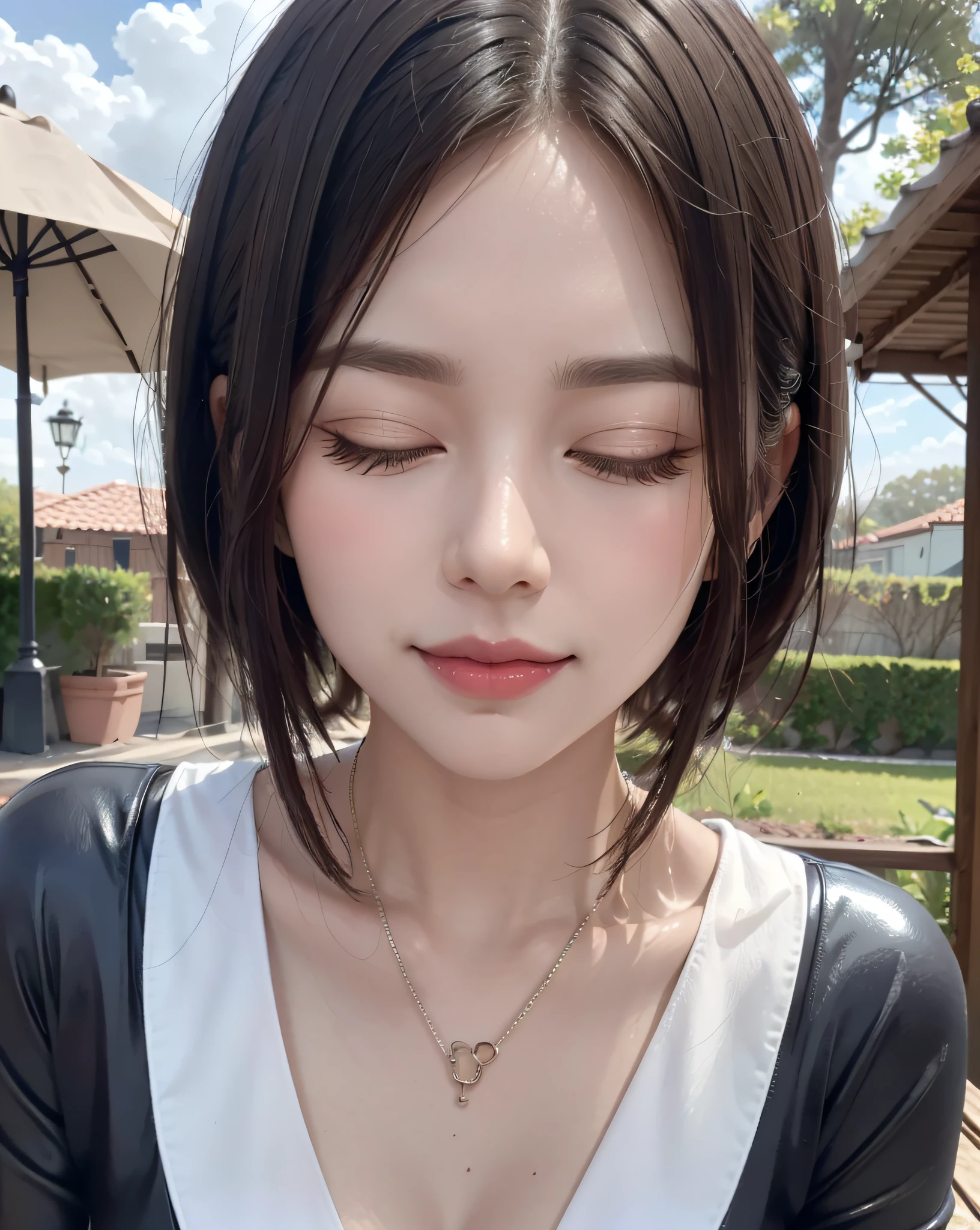 （A high resolution，high lighting，4K），Long face，1girll，the face，详细的the face，trpical garden，short detailed hair，close-up face，The sun at noon，huge tit)，looking at viewert，Close range - intensity，Black latex clothes，Keep one's mouth shut, attractive look, attractive emotin, seductive smile, closed eyes, incoming kiss,