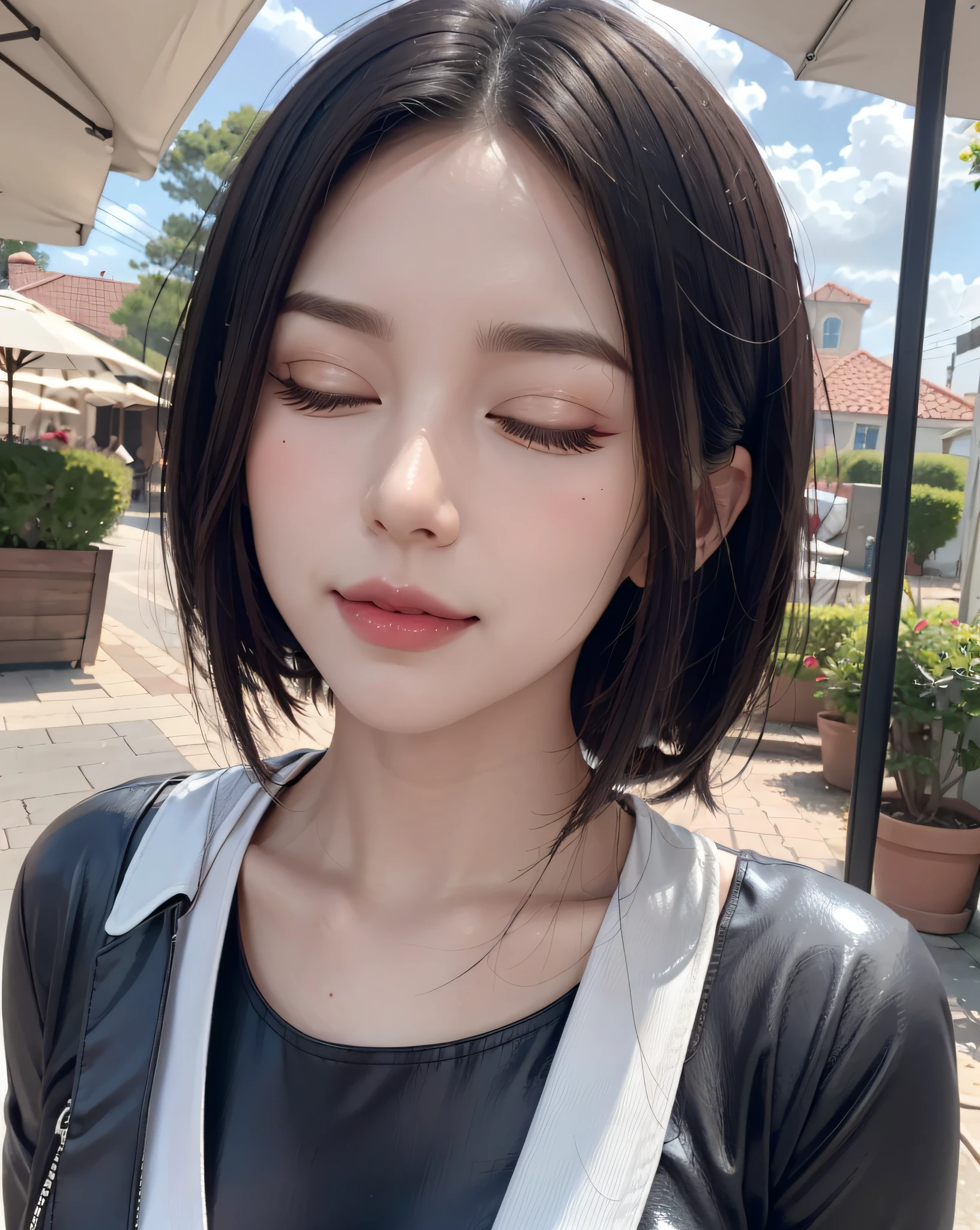 (A high resolution,high lighting,4K),Long face,1girll,the face,详细的the face,trpical garden,short detailed hair,close-up face,The sun at noon,huge tit),looking at viewert,Close range - intensity,Black latex clothes,Keep one's mouth shut, attractive look, attractive emotin, seductive smile, closed eyes, incoming kiss,