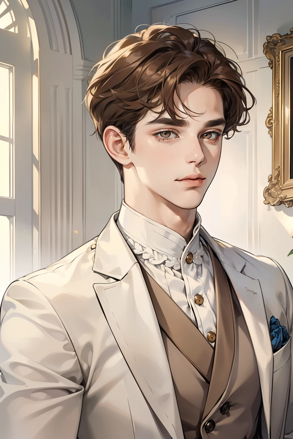 masterpiece, best quality, realistic, 1man, mature male, quiet and charming young man, 16 years old, adorable, closed mouth, portrait, extremely detailed face, soft smile, ((dark amber eyes)), ((short-sides-swept curly light brown hair)), [thick eyebrows], living-room, ((white suit))
