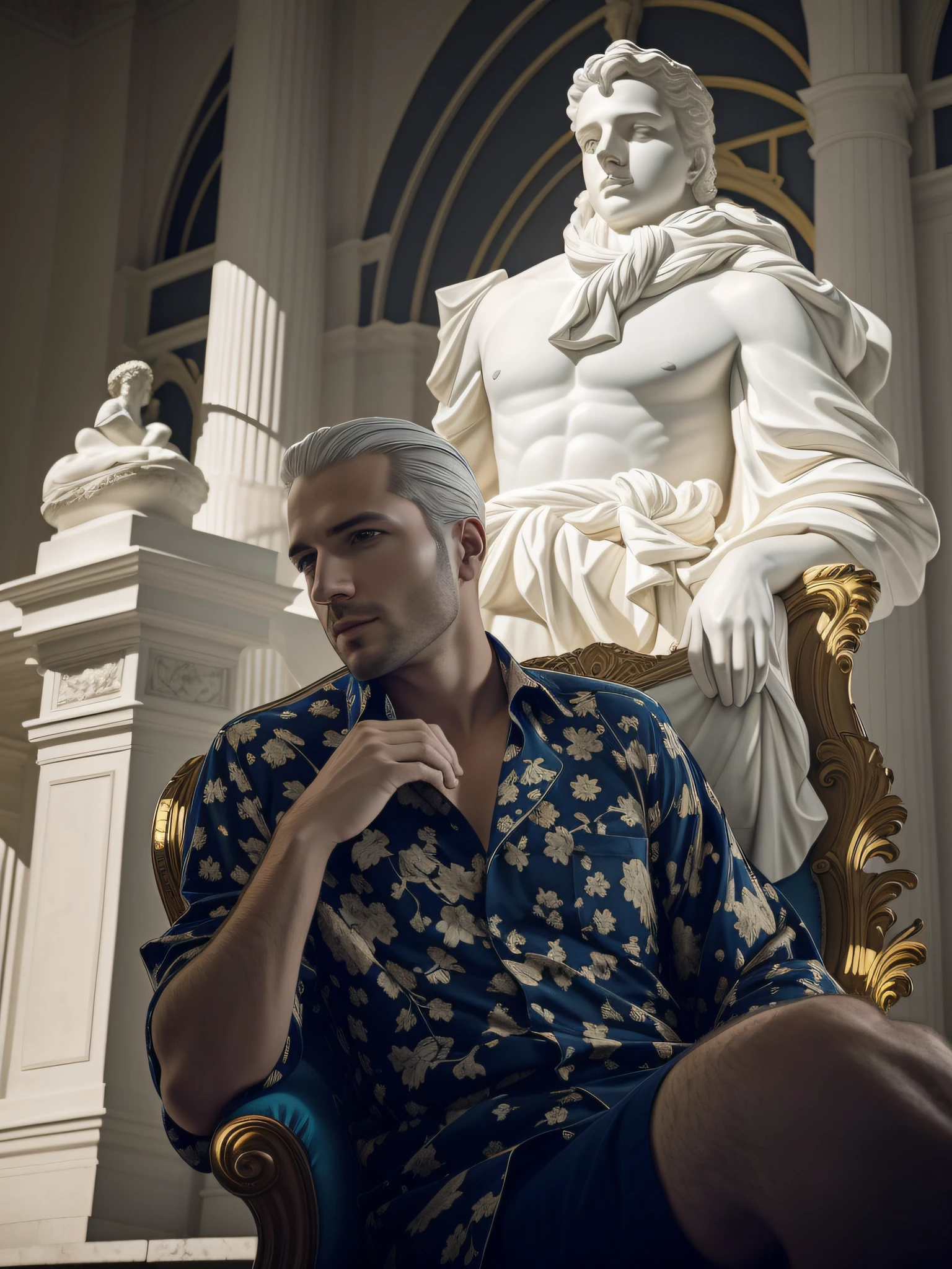 there is a man sitting in a chair in front of a statue, inspired by Jean-Baptiste van Loo, beeple and james jean, inspired by David LaChapelle, inspired by Louis Le Nain, inspired by Charles-André van Loo, shot on canon eos r 5, shot on canon eos r5, inspired by Mike Winkelmann, golden light shines on head