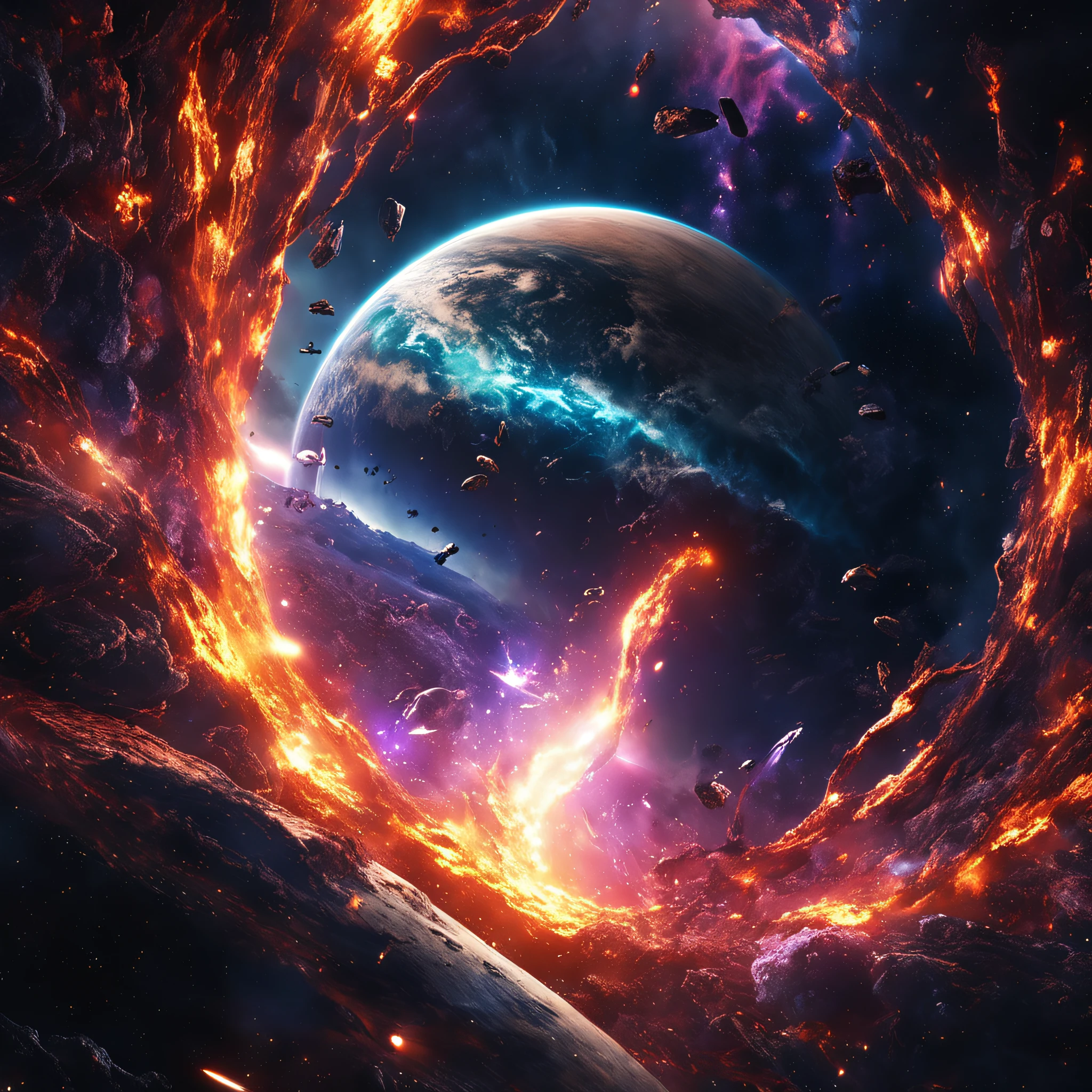 A huge spaceship，Rectangular spaceship，(A spaceship similar to an aircraft carrier:1.5)，Detailed hull details，Full of art，Cosmic galaxy background，Doomsday scenario，Crumbling earth，a volcano erupts，energy blast，Escaped spaceship，((Best quality)), ((Masterpiece)), (dramatic scene), (Epic composition:1.2), (CG animation:1.1)