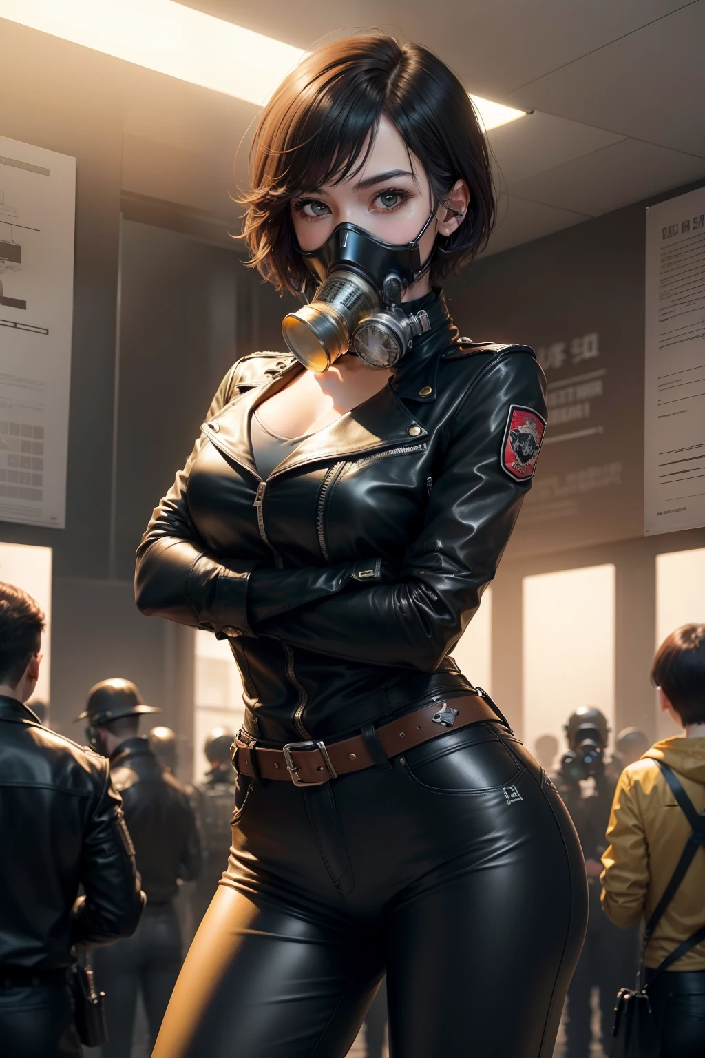 (top-quality, tmasterpiece:1.2), Yellow poster cover，One wears a gas mask《The mistake is complicated》of short-haired girls，Finger to gun，Wear leather clothes and leather pants，It's very refined