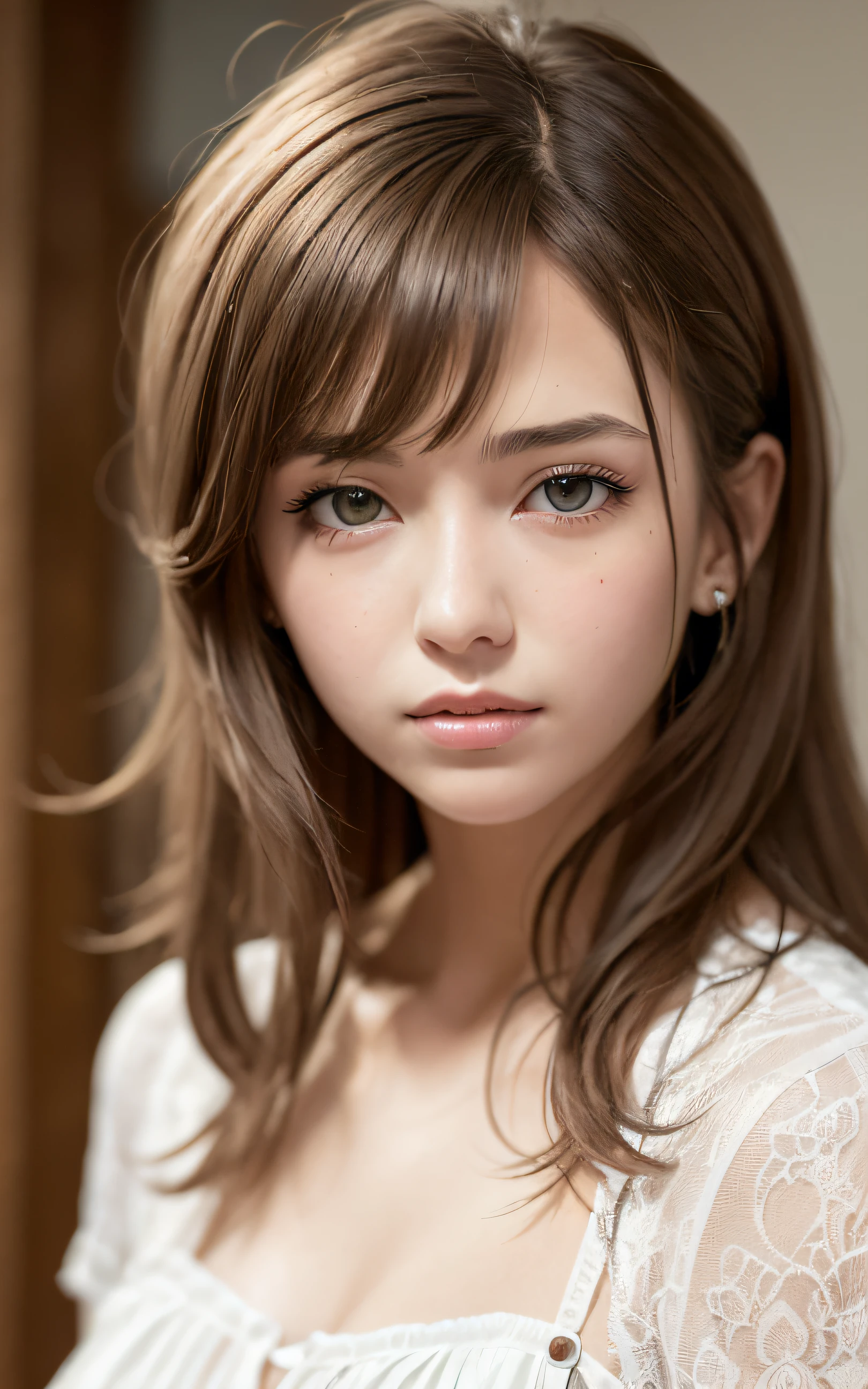 (top-quality, masterpiece:1.2), 18 year old beautiful girl, Very cute, Blouse, F 1.8, Soft light, Raw Photos Real, The skin texture is very detailed, without makeup, mournful, mournful, Medium Hair, Bangs, Smile, depth of fields, hight resolution, Ultra-detailed, finely detail, Extremely detailed, extremely detailed eye and face, Sharp pupils, Full body