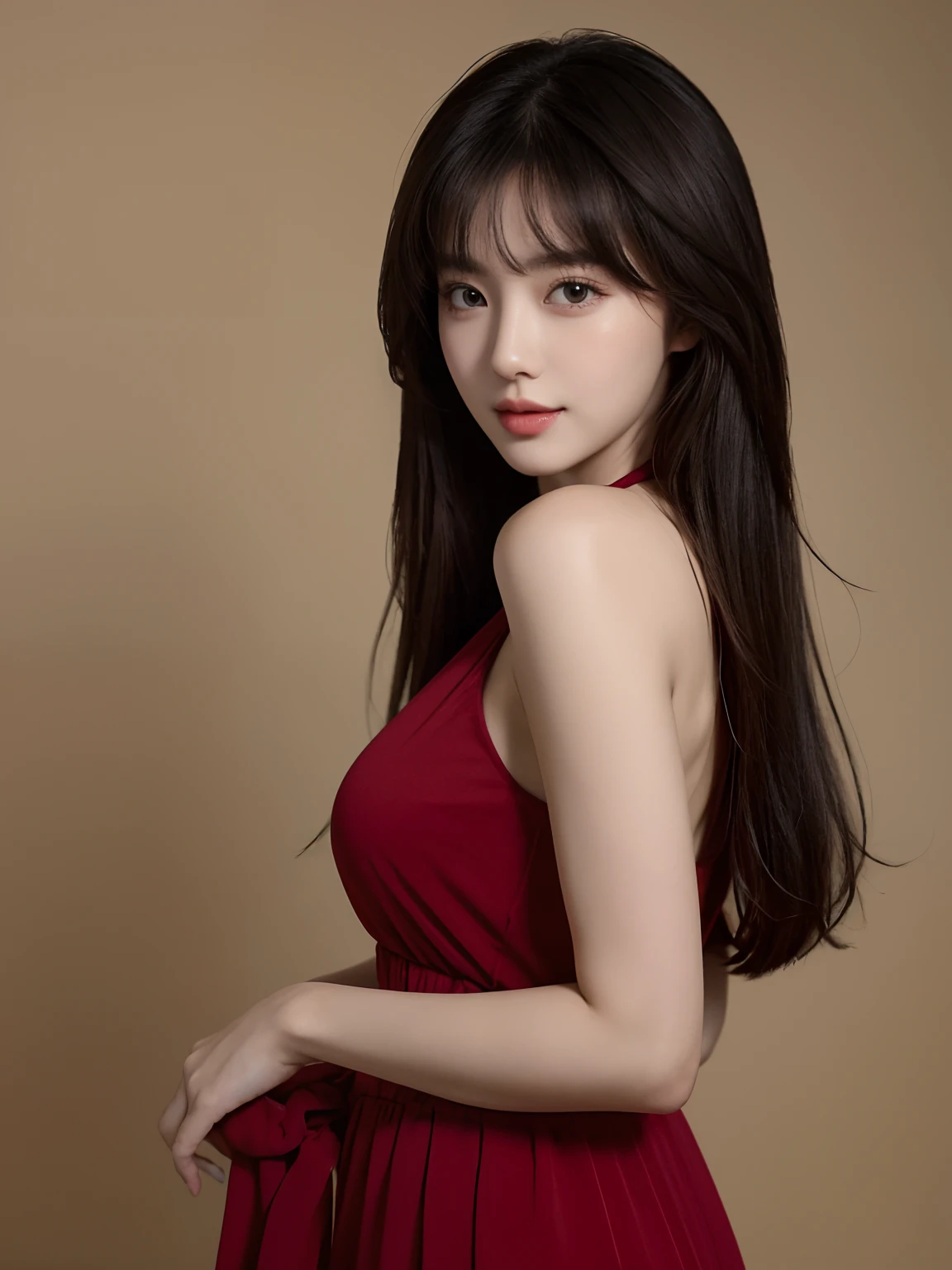 tmasterpiece， Best Picture Quality， high high quality， Sweet woman， chineseidol， Popular Korean makeup， A detailed， Swollen eyes， Detailed eyes， Detailed skins， Beautiful skins， 超A high resolution， （Realistis： 1.4）， is very beautiful， Slightly younger face， Beautiful skins， slim， （Ultra photo realsisim）， （illustratio）， （A high resolution）， （8K）， （The is very detailed） （Most Best Illustration）， （Beautiful detailed eyes）， （ultra-detailliert）， （the wallpaper）， （A detailed的脸）， looking at viewert， finely detailled， A detailed的脸，pureerosfaceace_v1，ssmile，Staring straight ahead，Staring straight ahead，From the angle of waist up，photograph of-realistic，Bright lights，profesional lighting，brunette color hair（some of hair part green），long whitr hair，Dark ruins，Big Red Moon，Gorgeous red and black dress，Mature woman，Long fashion bangs，