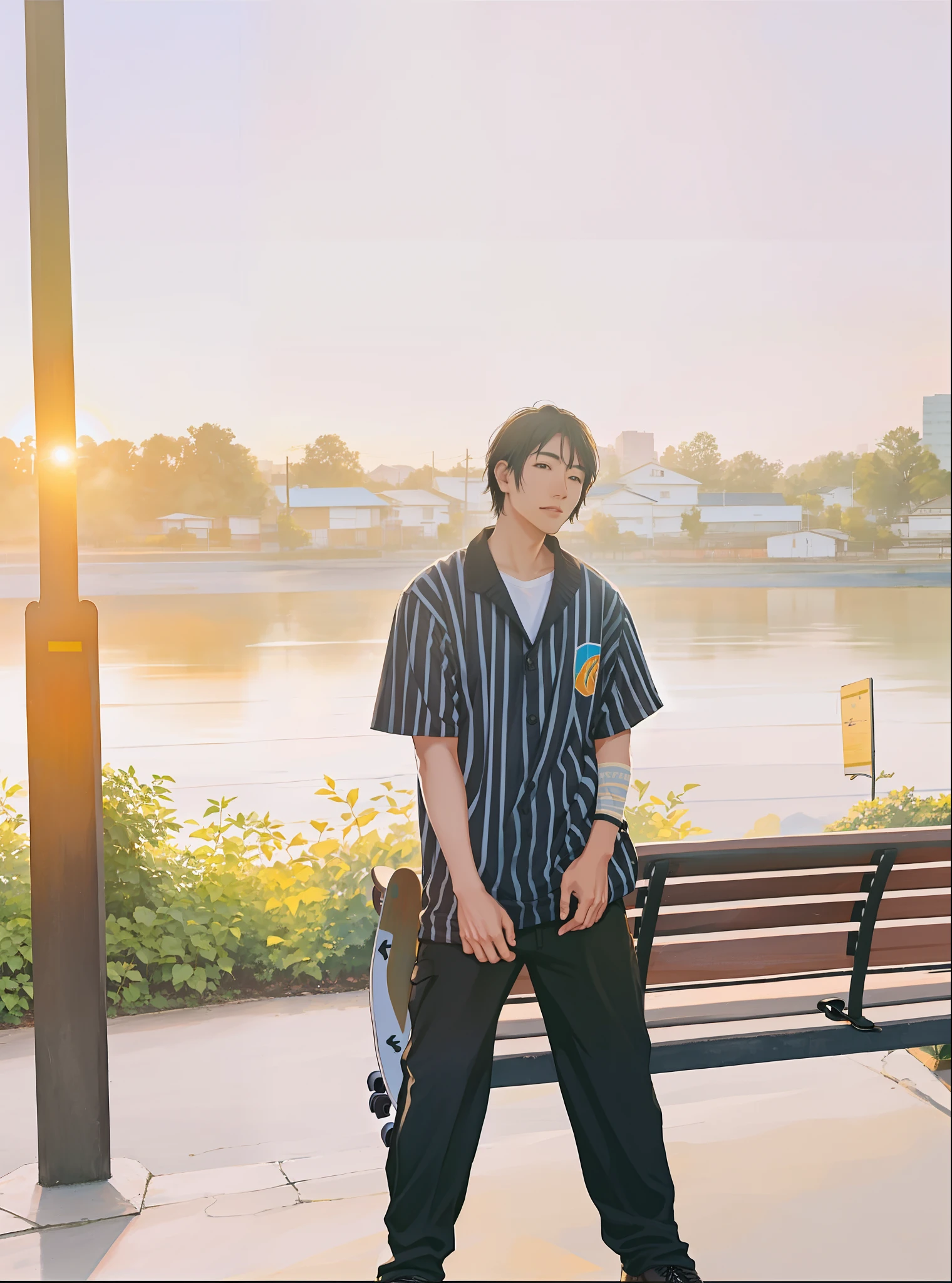 there is a man standing on a bench with a skateboard, with sunset, thawan duchanee, ((oversaturated)), taken at golden hour, during golden hour, shot at golden hour, very very low quality picture, in style of thawan duchanee, profile picture 1024px, photo taken in 2 0 2 0, edited in photoshop