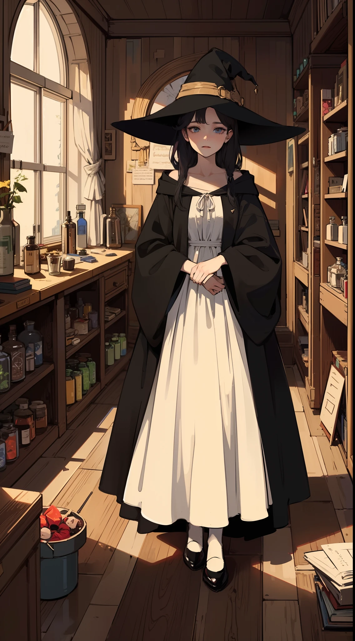 Anime girl standing in a room with window in witch costume,Young adult females, Black robe. Witch hat. Dark blue hair, short length bangs,2D， black-haired mage, The Witch, flirty anime witch casting magic,(she is in the potions workshop:1.35),Secret doctor,Reagent bottles,Ancient magic books,Complete set of chemical experiment equipment,Strange magical solution,Guviz-style artwork, beautiful cowboy witch,sorceress woman,A witch,beautiful female witch,witch academia,witch,by Yang J, classical witch,Immersive setup+ videogame+ The protagonist+ White witch +1 The Lord of the Rings+3 Magic Array+ Unique power+ Void energy+ environment+ Famous landmarks+ Terrain+ Weather conditions+ Disorder+ enemies+ player+ Vivid language+ scene+ engage+ imagination+, V0id3nergy , (White witch:1.3)