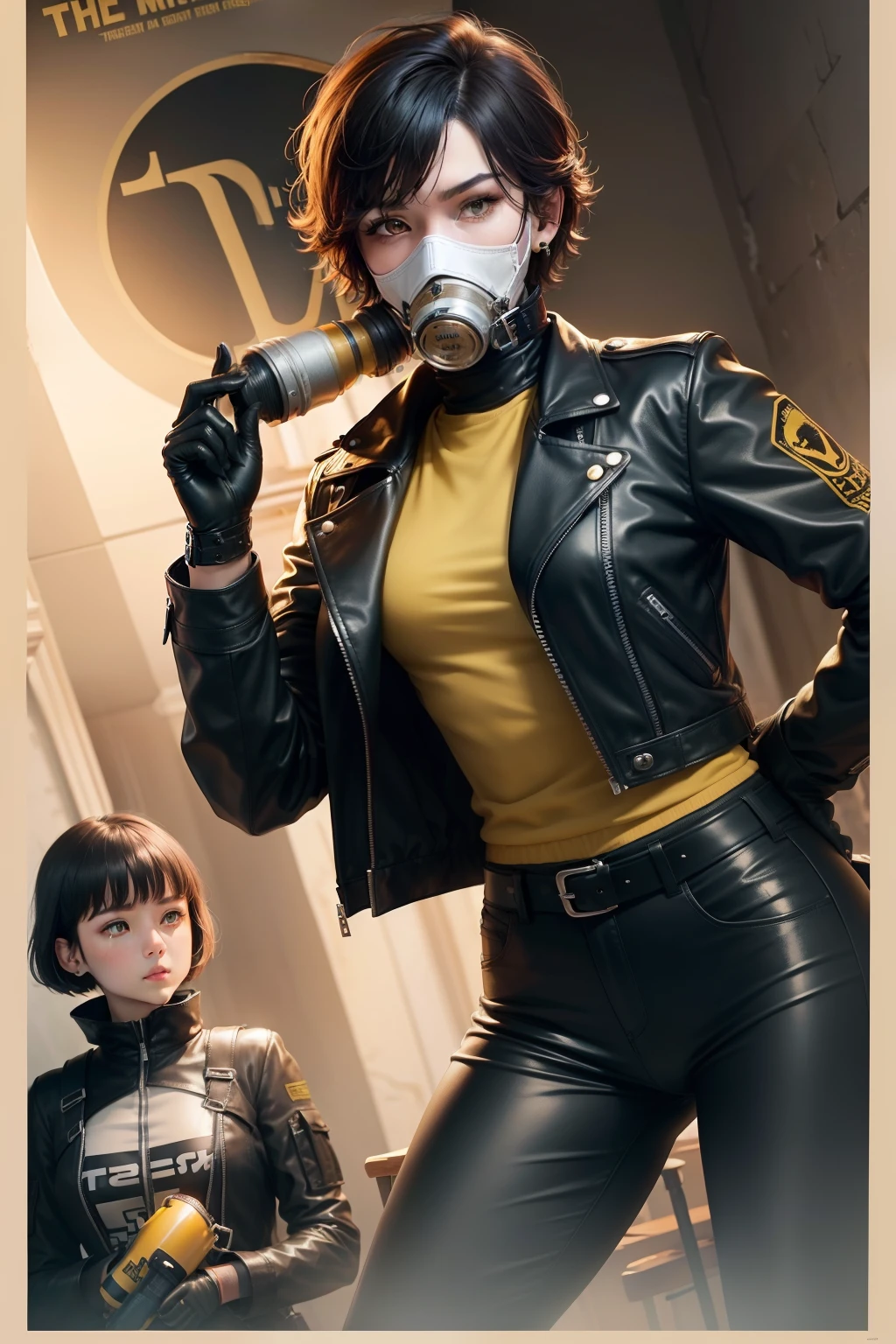 (top-quality, tmasterpiece:1.2), Yellow poster cover，One wears a gas mask《The mistake is complicated》of short-haired girls，Finger to gun，Wear leather clothes and leather pants，It's very refined