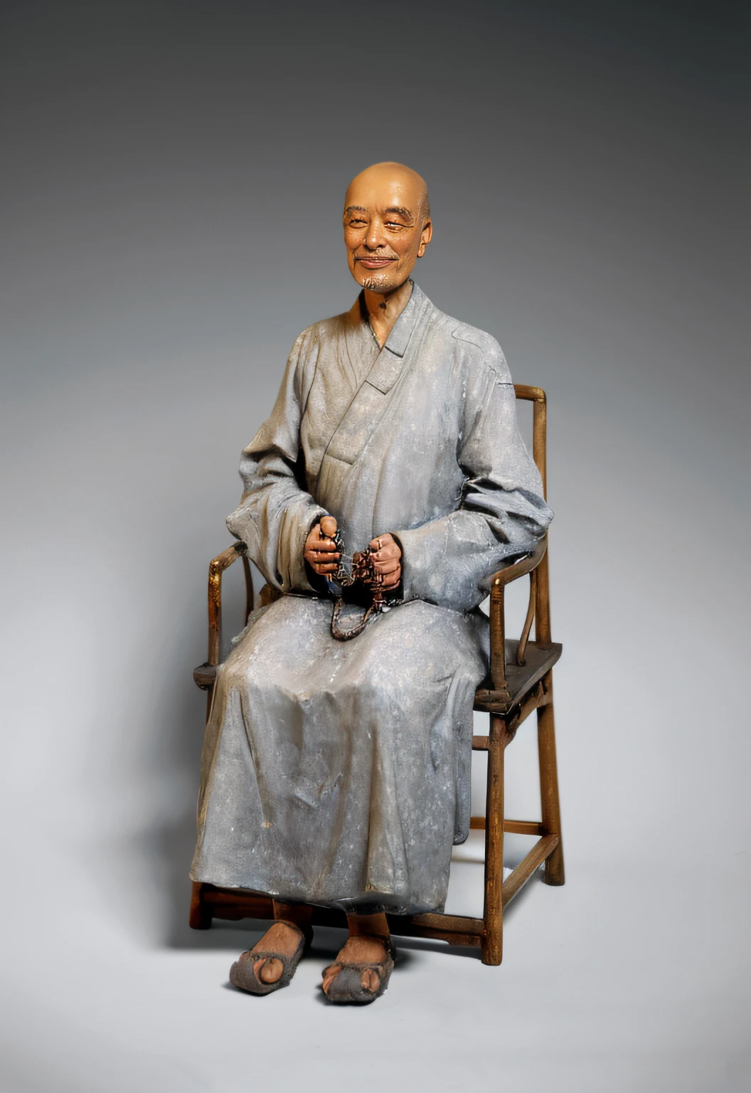 The Arafed man sat in a chair，Camera in hand, inspired by Zhang Shunzi, Single Clay Museum Sculpture, chinese artist, mu pan, song nan li, zhang daqian, Ancient sword, wang liang, Wu Liu, style of guo hua, inspired by Hu Jieqing, inspired by Liu Jun, inspired by Wu Daozi