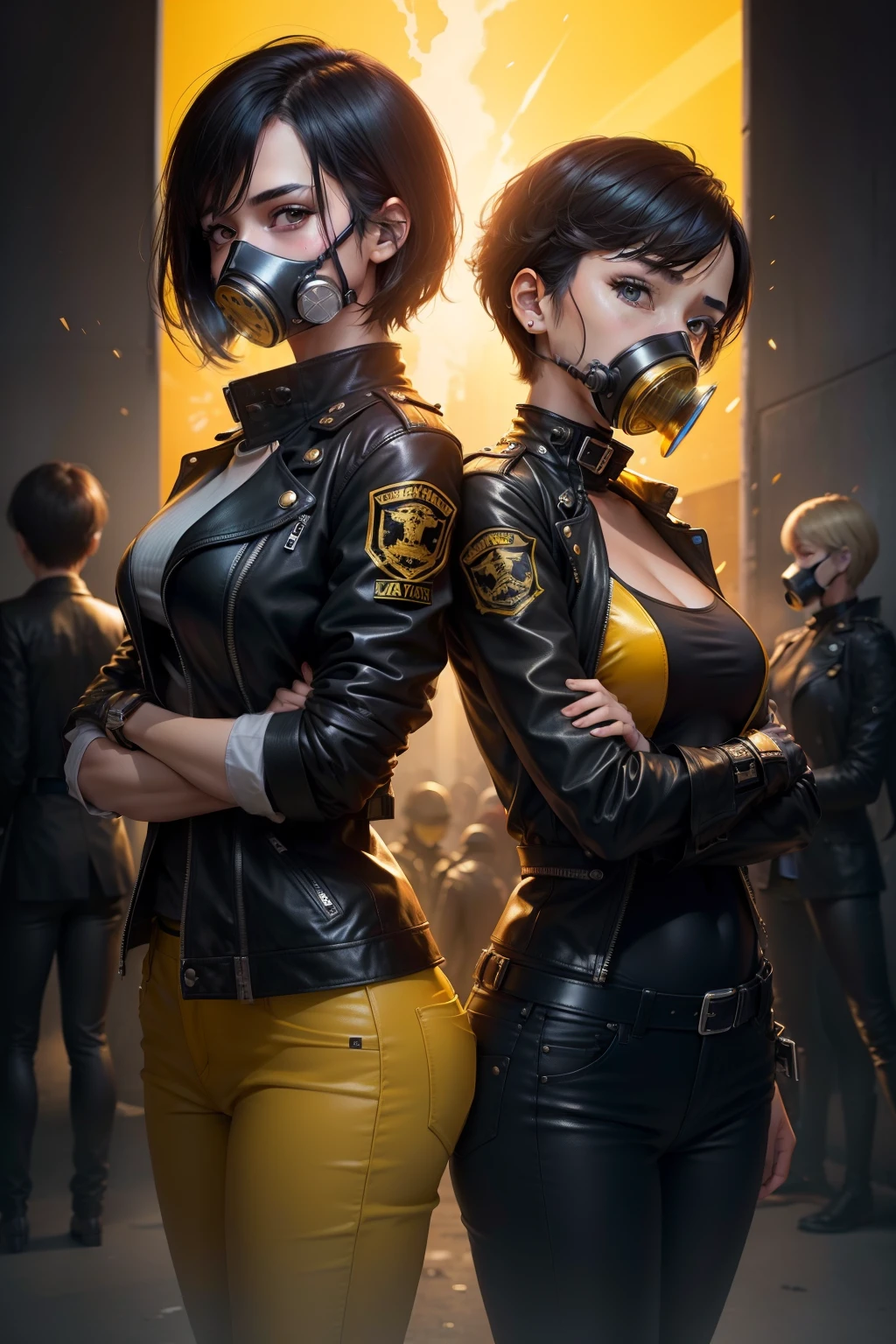 (top-quality, tmasterpiece:1.2), Yellow poster cover,One wears a gas mask《The mistake is complicated》of short-haired girls,Finger to gun,Wear leather clothes and leather pants,It's very refined