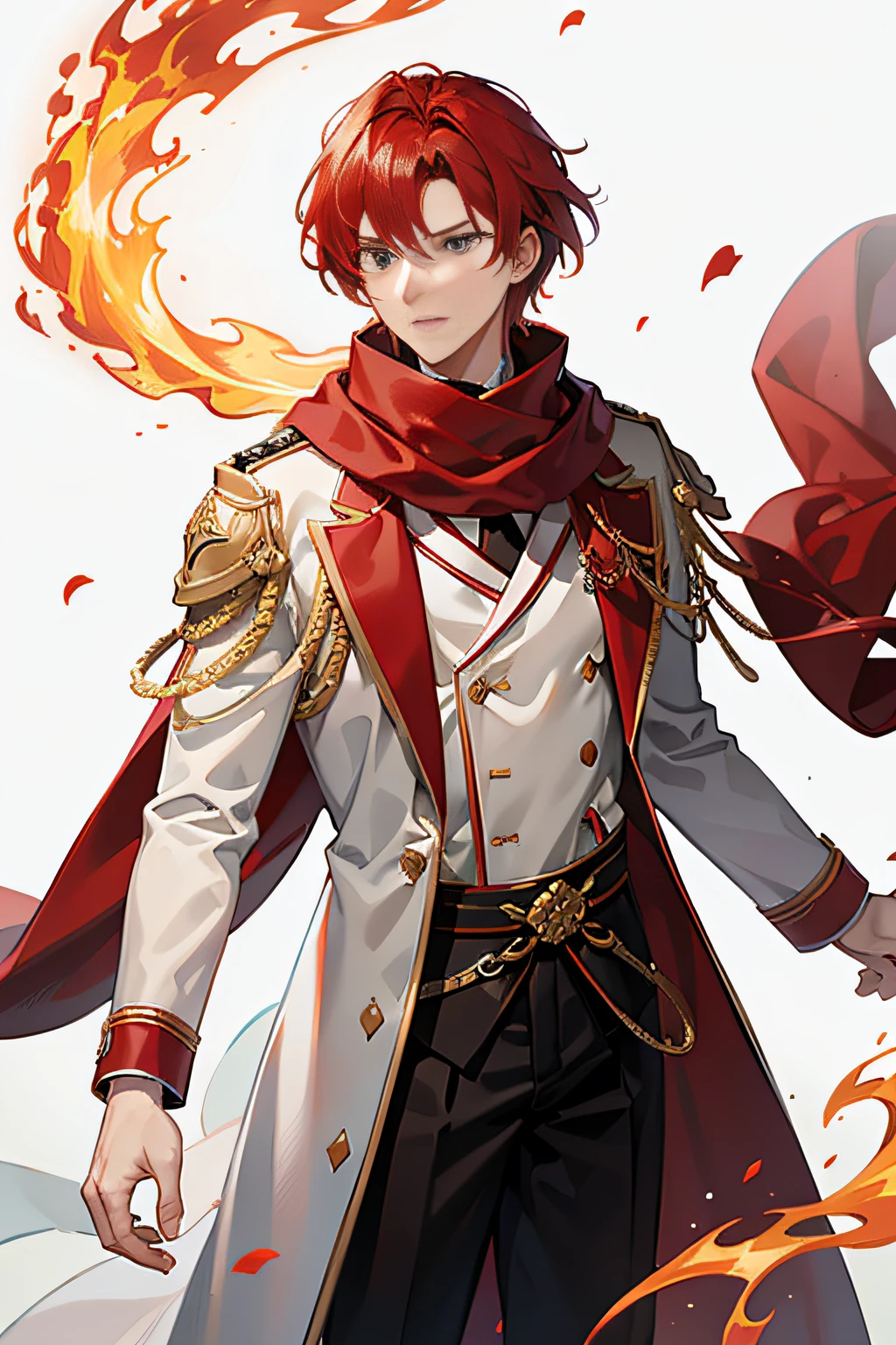 Red-haired man，ventania，((Wide scarf))，White uniform，With buttons and drawstrings，Handsome boy image，Set up charts vividly，flames burning around，The expression is serious，best qualityer，Heavenly Fire Saint Tailor，Half-shoulder cape