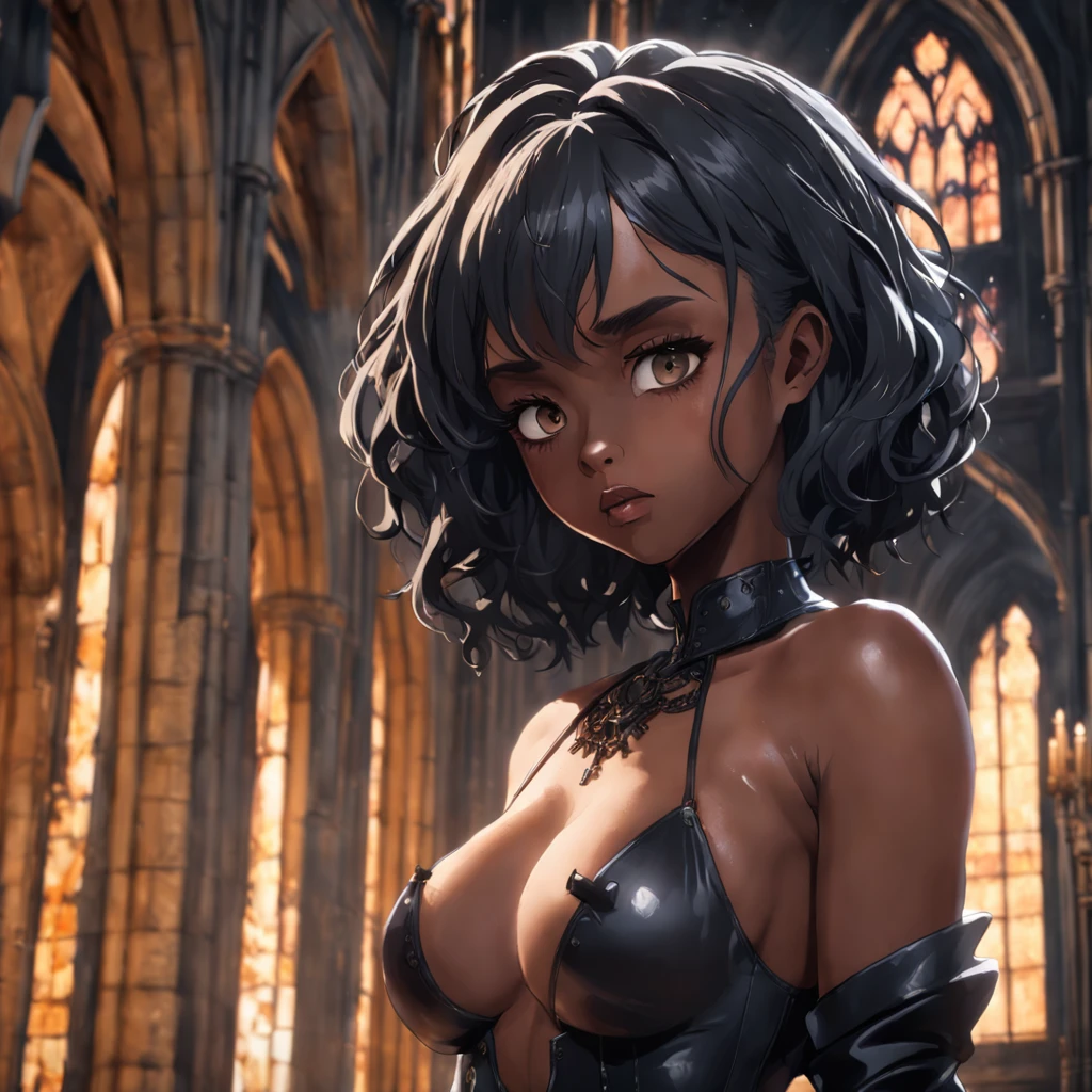 Mulher negra alta e molhada (ultra realistic) 4k, pele negra molhada (ultra realistic) 4k, olhos prateados (ultra realistic) 8k, DAMP BODY (ultra realistic) 4k, pele negra molhada (ultra realistic) 8k, HDR, NSFW (ultra realistic) 4k, in the Gothic cathedral (ultra realistic) 4k cabelo afro cacheado completo (ultra realistic) 8k, (ultra realistic) 4k, medium bust (ultra realistic) 4k, presas de vampiro (ultra realistic) 4k, mulher vampira (ultra realistic) 4k