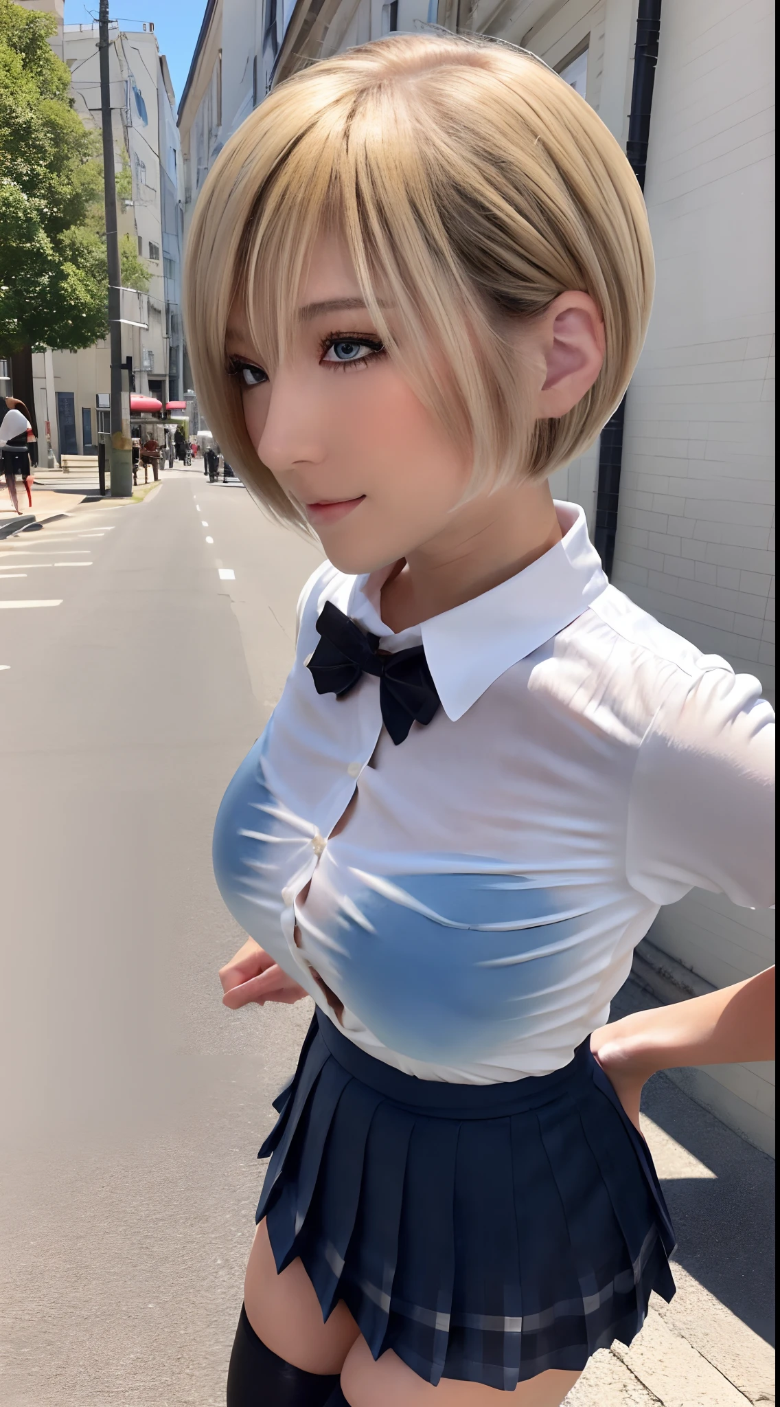 (8K, 超A high resolution, Best Quality, masutepiece:1.2),(18year old:1.2)、(Look away)、8K、RAW portrait of japanese girl、Photorealsitic、超A high resolution、top-quality、 (huge-breasted、Close all buttons on the shirt:1.4)(student clothes、Pure White Cutter Shirt、Blue Check Pleated Mini Skirt:1.4)、(in a street、low angles、From below:1.2) BREAK (Natural Skin Texture、Detailed skin、Hyper-Realism、ultra sharpness)、intricate detailes、depth of fields(Put a white shirt inside the skirt:1.3)、Show the armpits、Plaid Pleated Micro Mini Skirt(Blonde short-haired、Shiny legs、Black loafers、Black stockings:1.3)