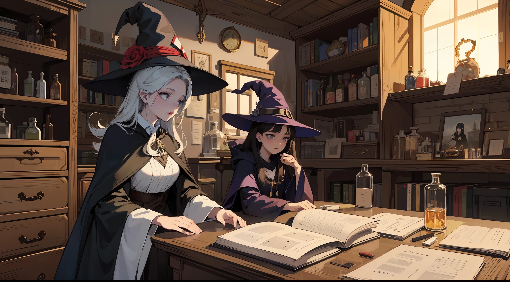 Anime girl standing in a room with window in witch costume,Young adult females, Black robe. Witch hat. Dark blue hair, short length bangs,2D, black-haired mage, The Witch, flirty anime witch casting magic,(she is in the potions workshop:1.35),Secret doctor,Reagent bottles,Ancient magic books,Complete set of chemical experiment equipment,Strange magical solution,Guviz-style artwork, beautiful cowboy witch,sorceress woman,A witch,beautiful female witch,witch academia,witch,by Yang J, classical witch,Immersive setup+ videogame+ The protagonist+ White witch +1 The Lord of the Rings+3 Magic Array+ Unique power+ Void energy+ environment+ Famous landmarks+ Terrain+ Weather conditions+ Disorder+ enemies+ player+ Vivid language+ scene+ engage+ imagination+, V0id3nergy , (White witch:1.3)