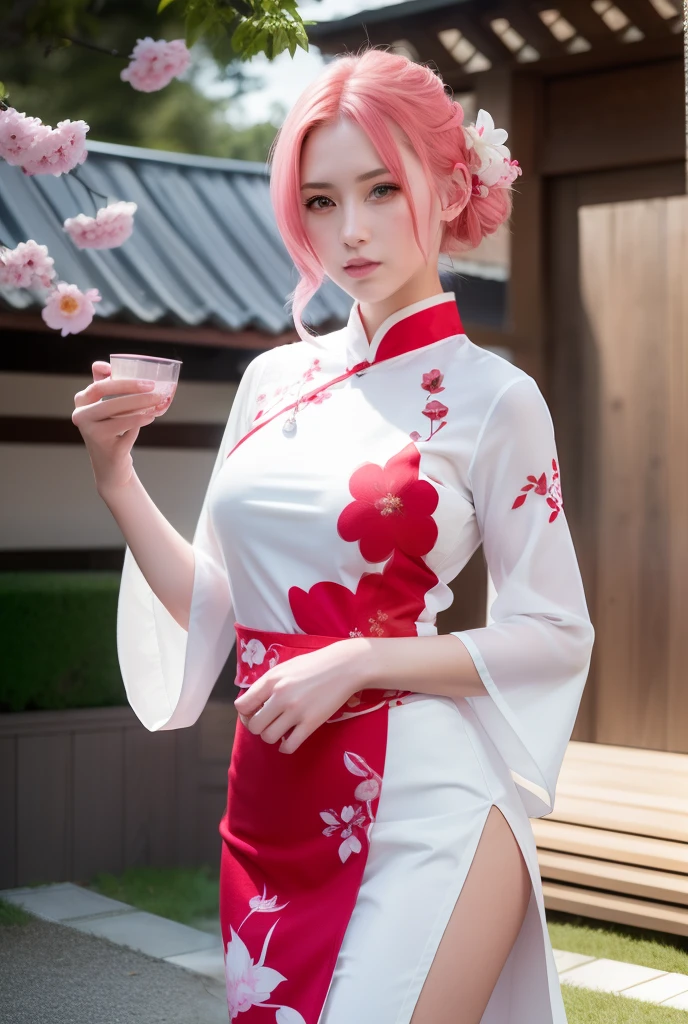 Sakura uchiha. A woman was in the yard at night. She was seen wearing a white cheongsam with red flowers on it. With a slit on the left that shows her white thigh. Her breasts look like big, round copying. She had beautiful pink hair. His skin was so pale white. Her cheeks were rosy red and her tiny red lips tantalizing. He was looking into the camera. She looks so hot and realistic