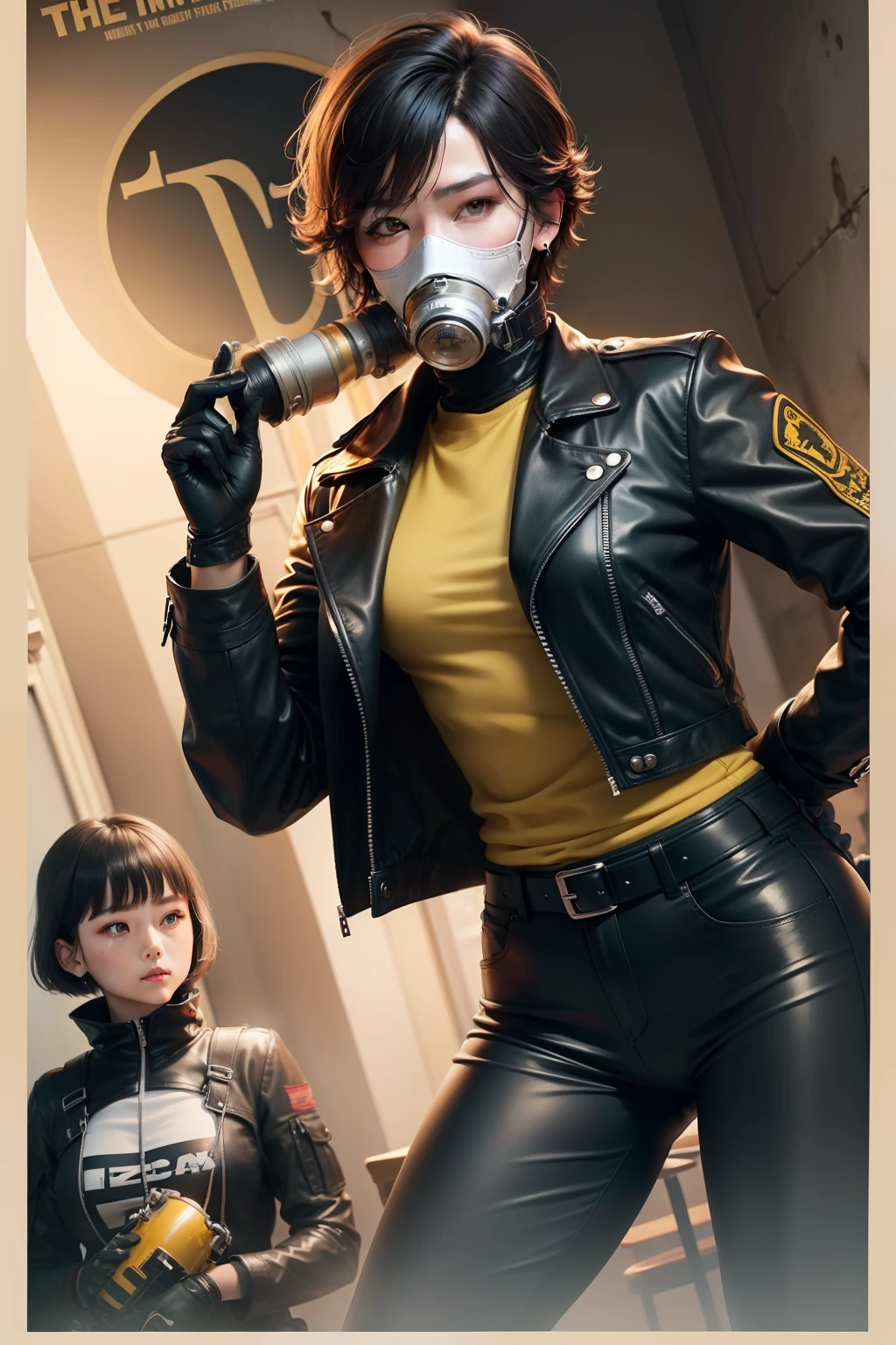 (top-quality, tmasterpiece:1.2), Yellow poster cover,One wears a gas mask《The mistake is complicated》of short-haired girls,Finger to gun,Wear leather clothes and leather pants,It's very refined