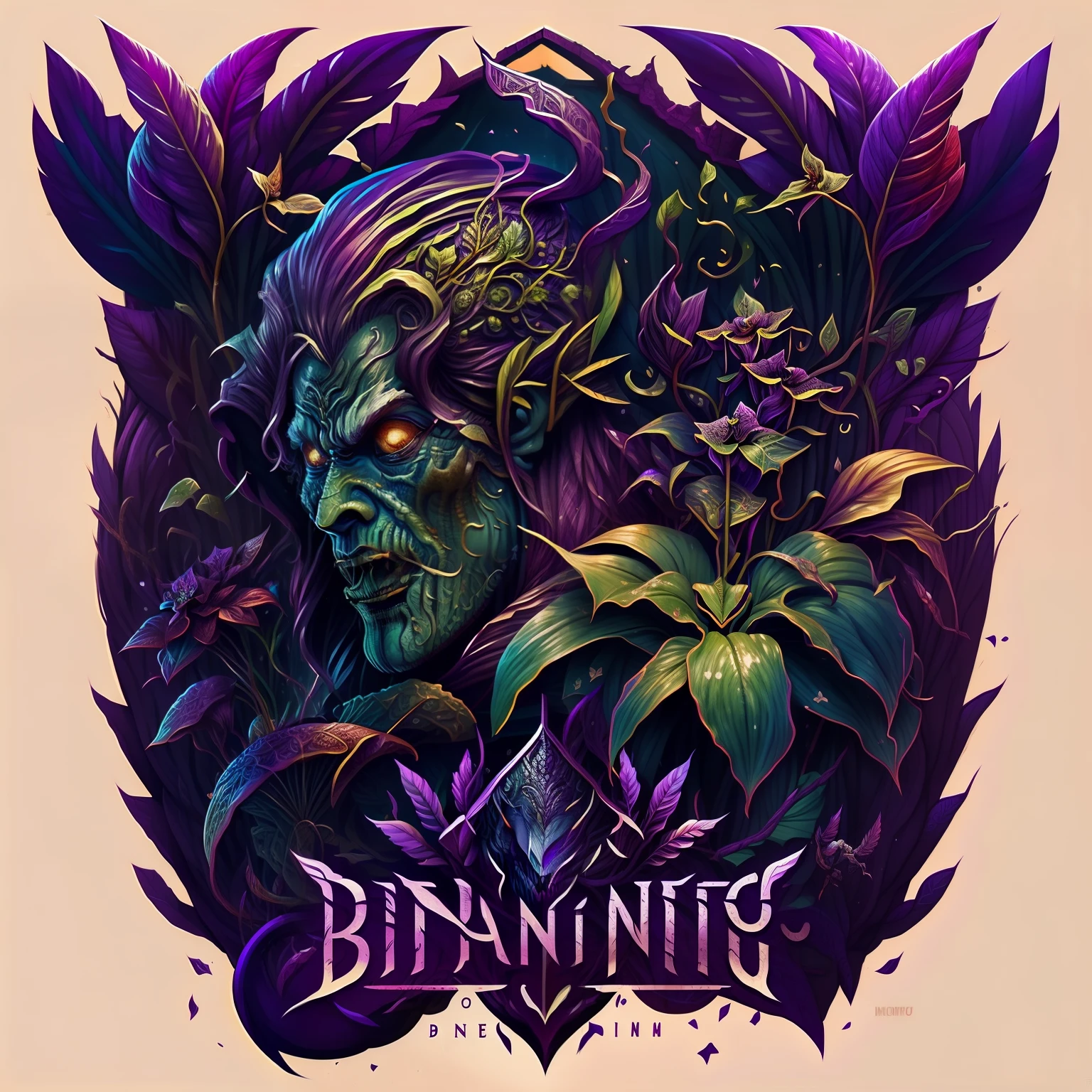 Planta , Monstro , humanoide , pele de planta ,and a purple-haired orchid , masculino, Anime Design , em baixo com uma logo de RPG escrito Dinastia