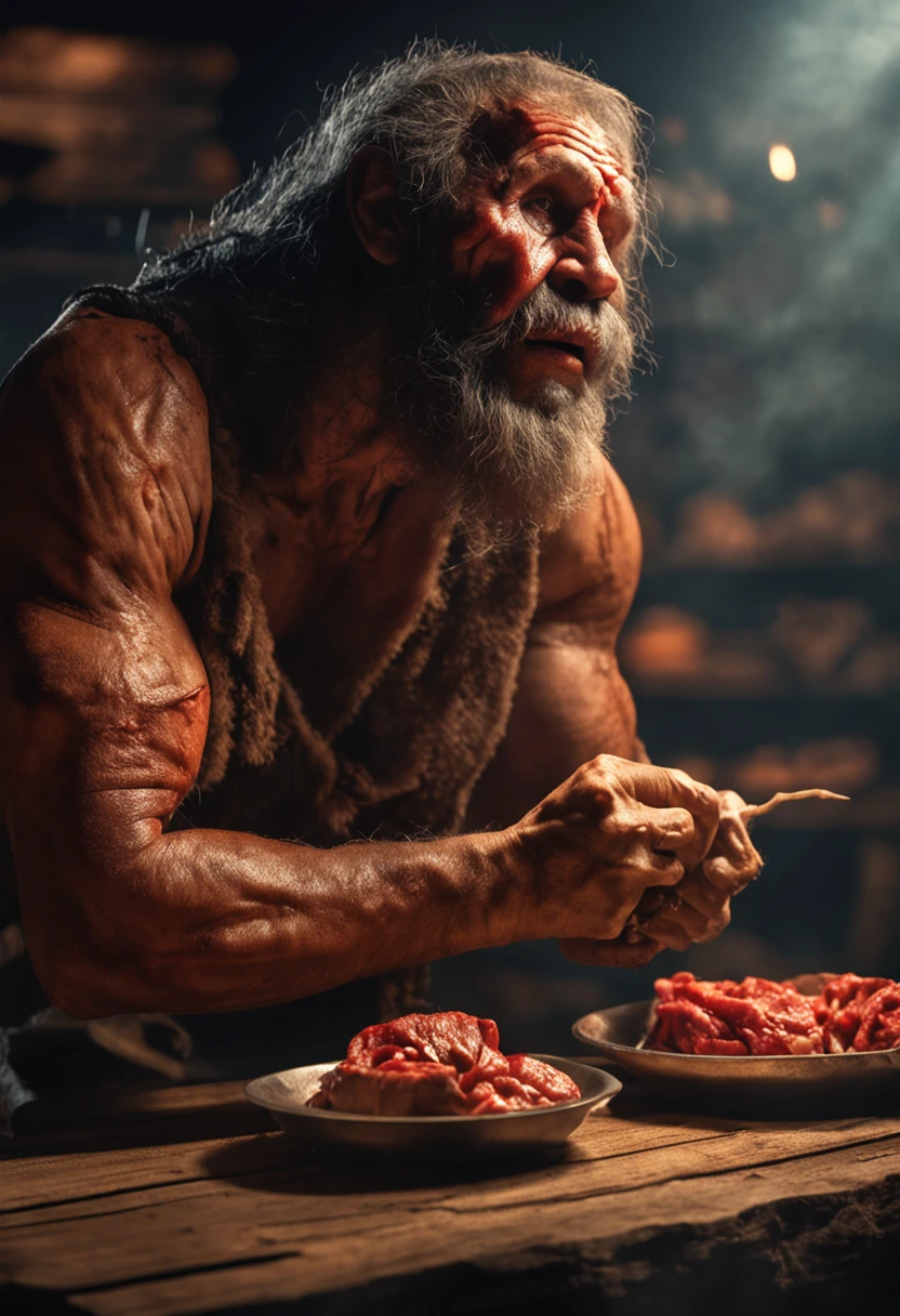 Masterpiece, Neanderthal man eating meat, best quality, hominids, highlighting the leather clothes, low light.