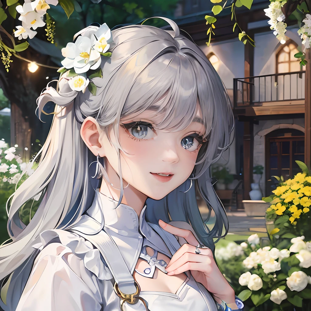 (tmasterpiece)、(nood)、(1 girl:1.1)、(tchibi:1.8),(standing on your feet),・((Original Characters)): (a moon) ・((Volume Lighting)): (with light glowing) ・((portlate)): (green pupils) ・((hair style)): (Gray hair, medium height, Wavy) ・((Hairpin)): (Moon-shaped silver pin) ・((makeups)): (Pale Pink Eyeliner) ・((garments)): (Blue Silver One Piece) ・((accessorized)): (Teardrop earrings and moon-shaped bracelet) ・((the pose)): (Hand gestures) ・((Background with)): (Garden with white flowers:1.3) ・((Overall impression)): (pure) ・((Quality and detailed evaluation)): (high-class sense:1.25) ・((Character type)): (独奏:1.2)((expressioness)):(Smile:1.2)