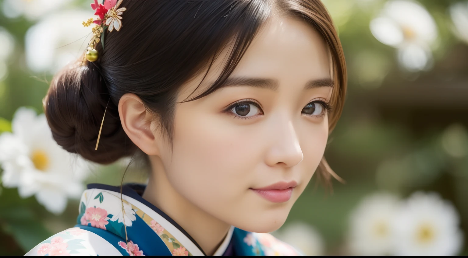 ((Traditional beautiful kimono of Japan))、((masutepiece, Highest Quality, super definition, hight resolution)), (1 slender woman of Japan, 28 years old), sony a7, Film grain, Photorealistic, one-point perspective, colorful shiny particles, Lens Flare, dark brown hair, ((Hair UP)), (Colorful fine floral pattern:1.4), (Thin hair ornament:1.3), hyperdetailed face, Detailed eyes, Double eyelids, Colossal tits、 ((Japan garden in the background))、hightquality、